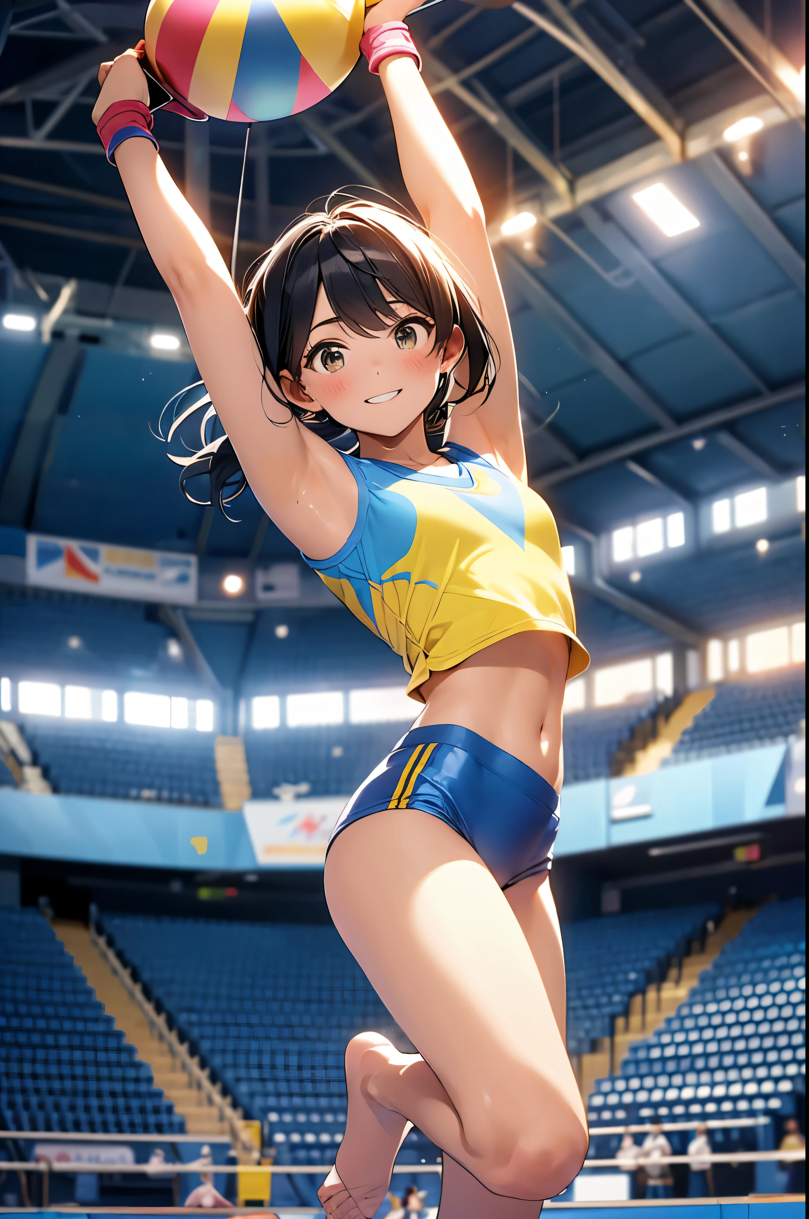 rhythmic gymnastics sports, 16 year old girl, Yellow and blue outfit, Indoor gymnastics arena,