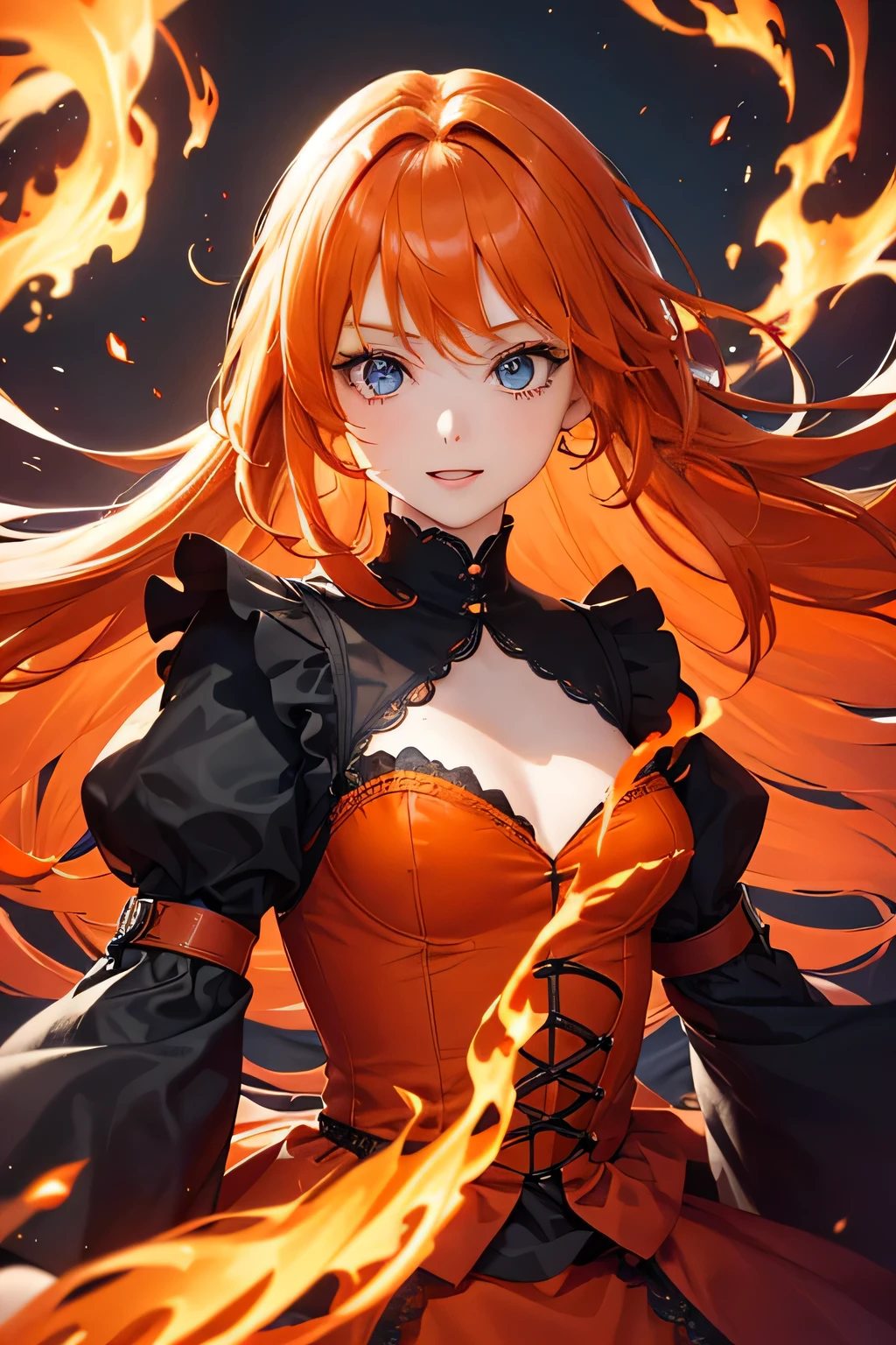 1 girl,Depp's Sense,confused,catch light,Super beautiful illustration,(orange hair,long hairstyles:1.3),turn around,eye shadow,(Red clothes,Gothic Lolita),Upper body,;d,beautiful and delicate flowing hair,delicate and detailed blue eyes,emphasized chest,flame effect,Explosive inflammation