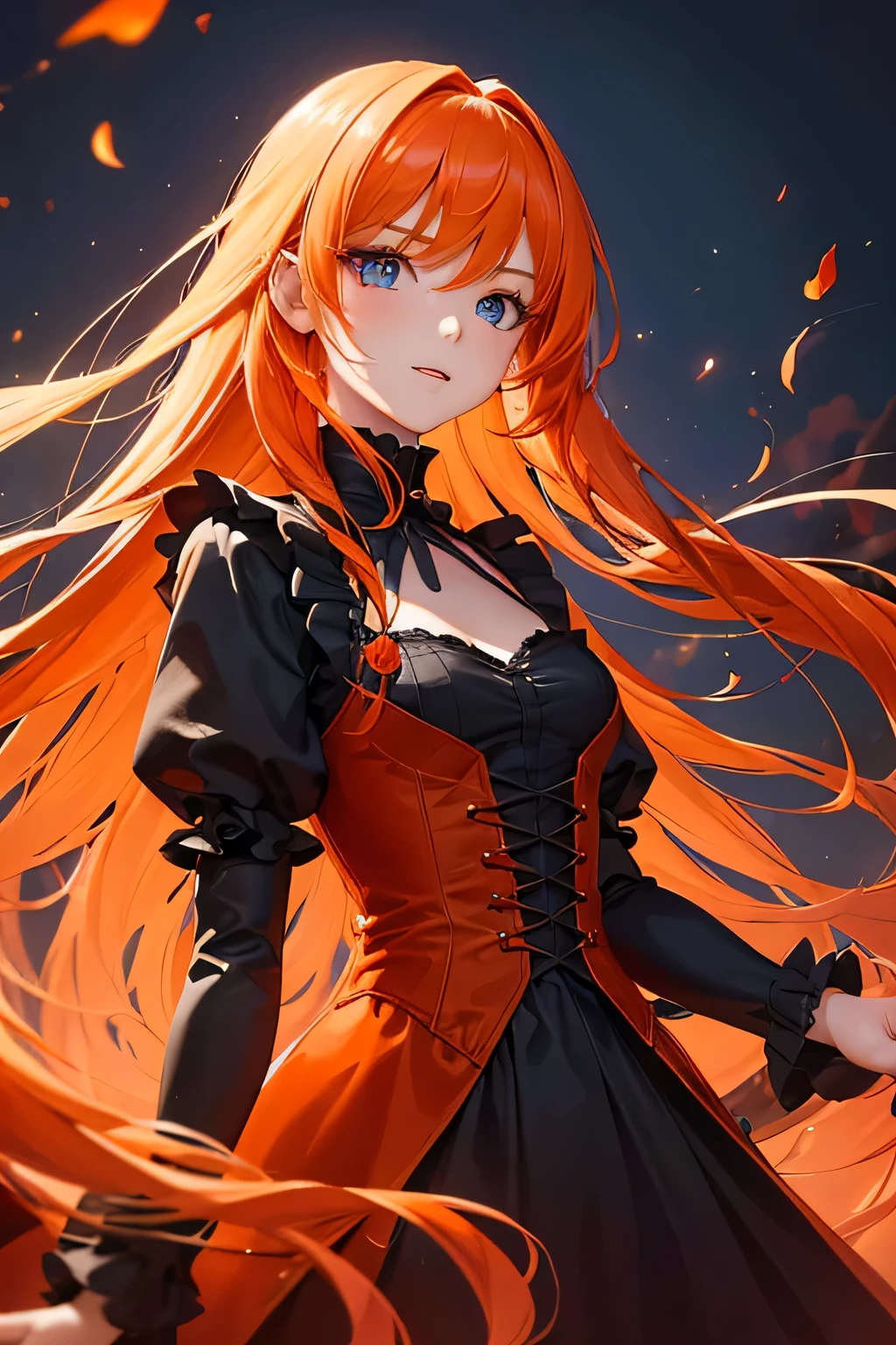 1 girl,Depp's Sense,confused,catch light,Super beautiful illustration,(orange hair,long hairstyles:1.3),turn around,eye shadow,(Red clothes,Gothic Lolita),Upper body,;d,beautiful and delicate flowing hair,delicate and detailed blue eyes,emphasized chest,flame effect,Explosive inflammation