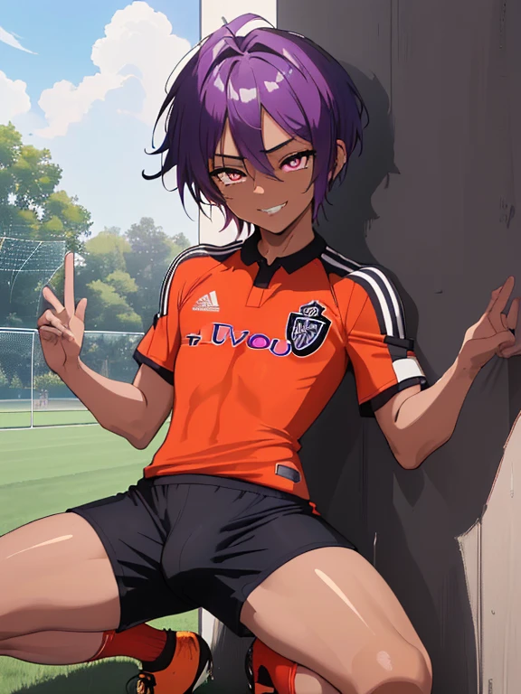 (((official art,Super thin illustration,High resolution, muste piece, best quality,best quality,)))high quality, detailed, ( boy),12 yeaung ace striker male idol with a super cute face,A boy as beautiful as Planding, Cool handsome face with smile, soccer spike, long legs, thighs, Foots, Bulge, (purple hair、short hair、Spiky hairstyle)、shiny hair, (tight shiny orange soccer uniform suit), (tight and shiny soccer shorts), (Soccer Socks), grassy area, cool pose, (厚いthighs、Seduce your big ass to your crotch)、(((soccer field in the park)))、((Saucy、))、grinning grin、spread legs,ultra fine painting, (best quality, In 4K, 8K, High resolution, muste piece:1.2),(((Being aware of the sexual gaze of middle-aged gay men)))、Service Shots、(((black skin)))、((detailedな目:1.2))、cute eyes、