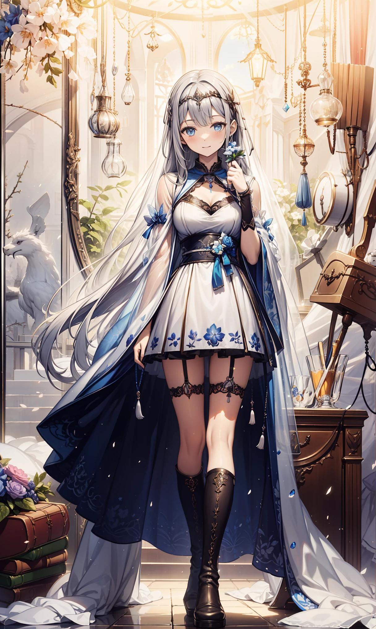 saints,Attractions,having fun,in love,(Western magic white dress),silver hair,blue eyes,see through transparent clothes,Delicate hair accessories,Transparent lace,Sky blue pattern,night,Beautifully dressed,bedroom,the only person,night,Carved suspender boots,super ultra detail,