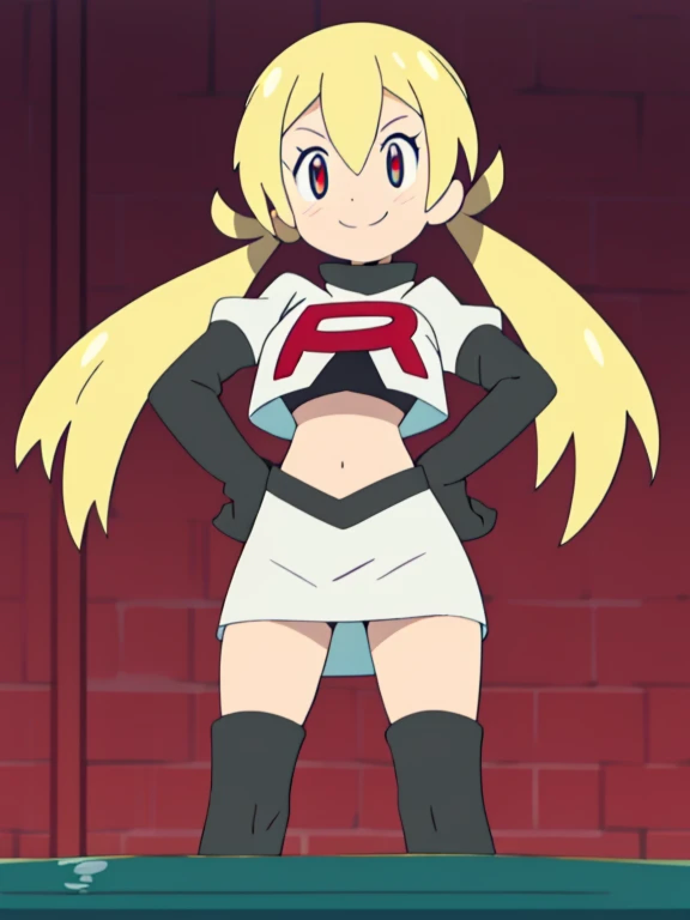 1girl in, (Solo:1.2), (Perfect body:1.1), (Best Quality:1.1), Cute Girl, Tsundere:1.1, (student clothes:1.4), (tiered layers skirt:1.2), very large breast, a blond, Long twintails, Black Ribbon Hair Fastening, Tsuriformes, sharp eye, Sanpaku eyes, (Seductive smile:1.5), Noble atmosphere, Fine-grained skin, (Choker with a cross:1.1), View of the valley, Navel Ejection, Raw feet, a belt on the thighhigh, Bright red eyes, Shining eyes, (NSFW:0.8), 8K, a belt on the thighhigh, Skinny Legs, School grounds with grass, full body seen, (Looking down here:1.2), (Loose socks:1.3), I don't have anything in my hands, No one around, hands on hip,team rocket uniform, red letter r, white skirt,white crop top,black thigh-high boots, black elbow gloves, evil smile, looking at viewer, hands on hips
