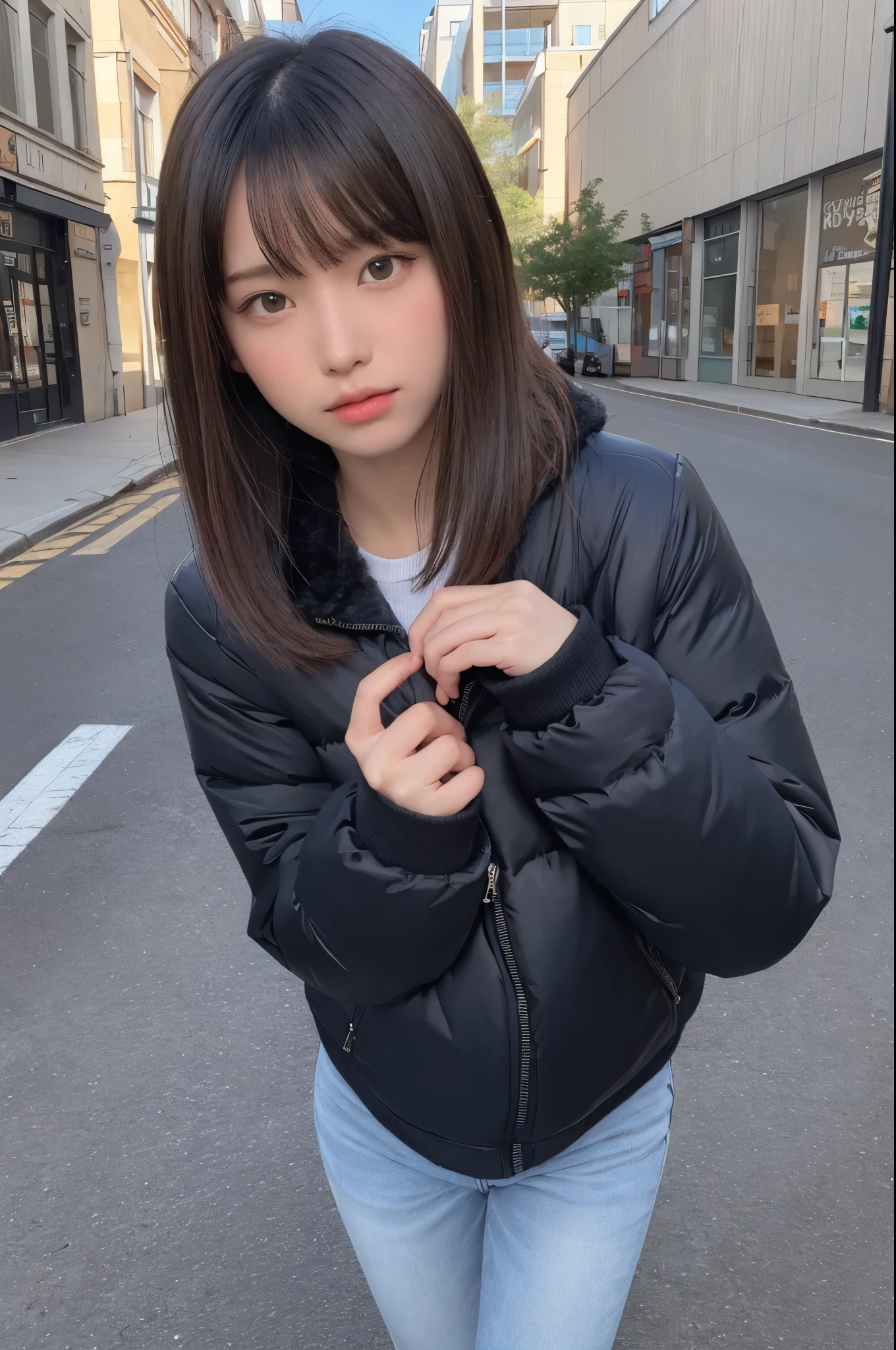 a girl, (a beautiful girl, exquisite girl:1.3), (14 years old:1.3),
rest, (wintercoat:1.3),
rest, Very fine eye clarity, (symmetrical eyes:1.3),
rest, (street photography:1.3), Perfectly trimmed fingers,
rest, small breasts, brown eyes, parted bangs, brown hair,
rest, (Eye and facial details:1.0),
rest, (masterpiece, best quality, Super detailed, Detailed face, 8k)