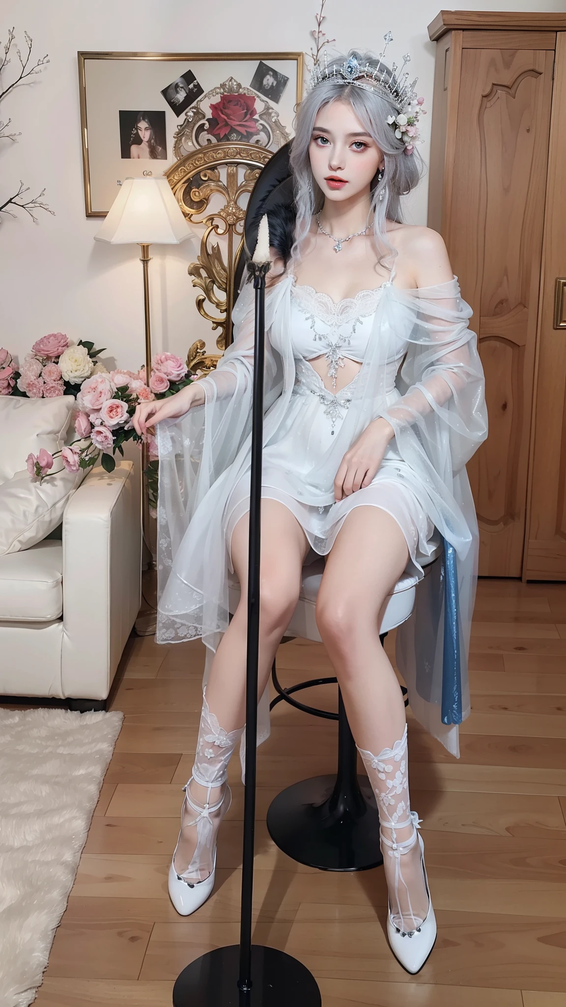 Royal sister,exquisite eyes,Frozen queen,put the crown on your head,Detailed facial expressions,mature body,tall figure,number,Leg length,4K,HD,Sensual,White translucent lace,Fair and plump figure,pretty face,Little cherry mouth,beautiful and delicious(3D royal sister),plump butt,gloss gel coat,Vampire queen wears luxurious dress,Crystal Gem Crown,1 beauty