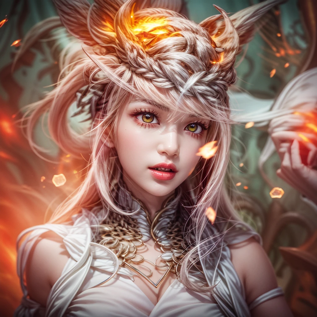 (NSFW:-1, Exposed:0.75), (((nipple:-1, horns:-1, extra ears:-1))), (bokeH, Acutance:0.85, Ultra-detailed:1.35), (Masterpiece, best quality, highres, realistic:1.37), (sexy Ifrit clad in flames with aura:1.28), (all outfits made of flames), (many colorful lights and sparks in blurred background:1.2), detailed gaze, seductive lips, alluring pose, mesmerizing atmosphere . BREAK  (Luminous Particles:1.15), full of fire covering and surrounding whole Body, filled with flames, ruins, fiery Sky, a cigarette hold in mouth .