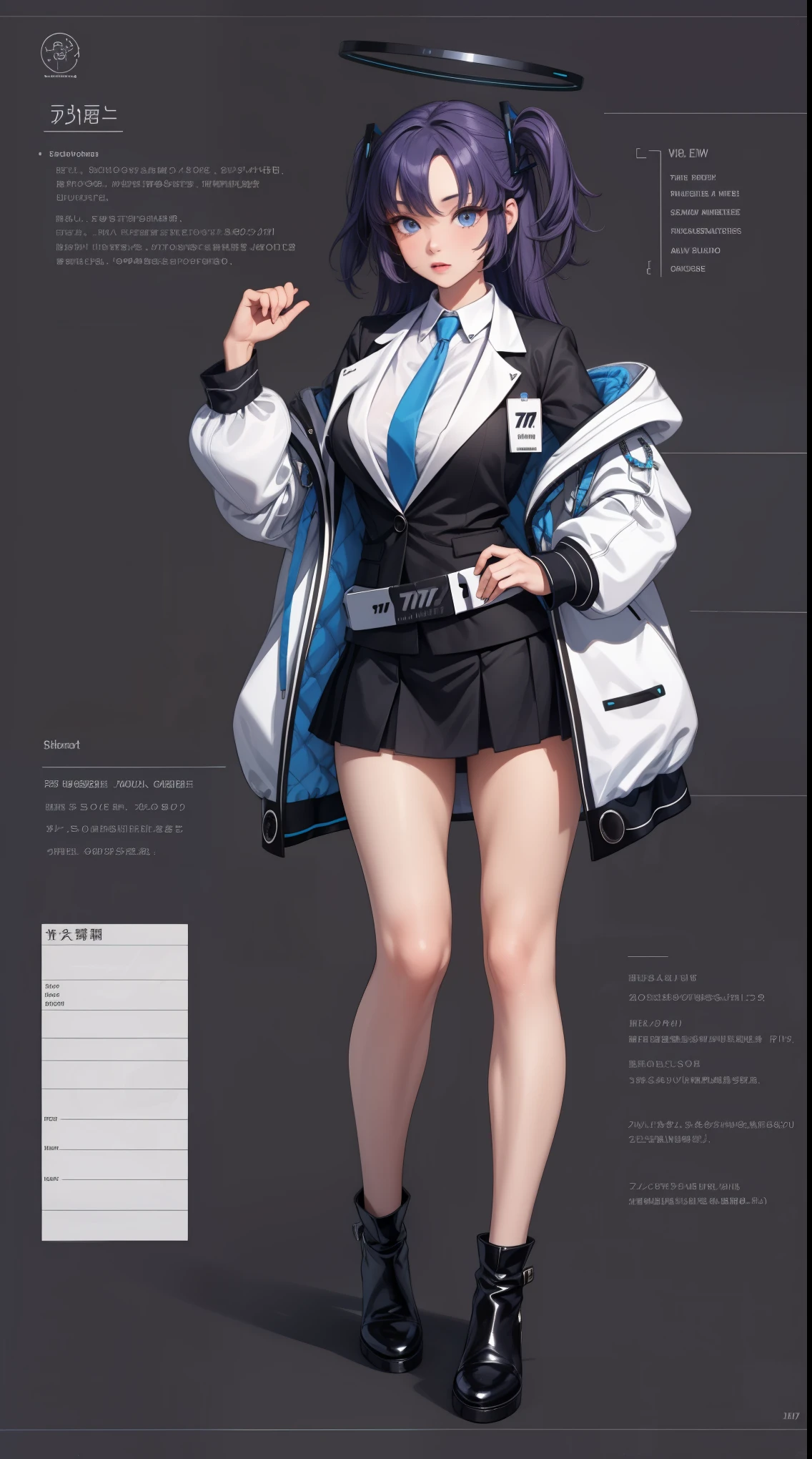 girl, solo, full body, from head to toe, standing, (Huge_Breasts:1.3), short skirt,

Character Design Sheet, character reference sheet, character turn around,

aayuuka, halo, blue eyes, purple hair, long hair, two side up, bangs,(white jacket:1.2), blue necktie, black jacket, collared shirt, id card, black gloves, belt, black skirt, black socks, shoes, black footwear,