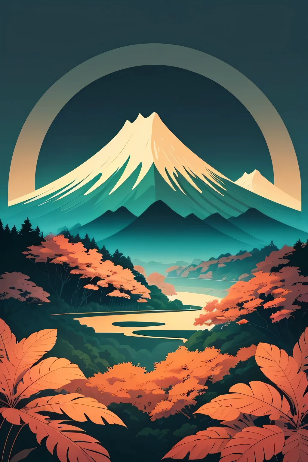 beautiful Indonesian tropical mountains Japanese vector art style