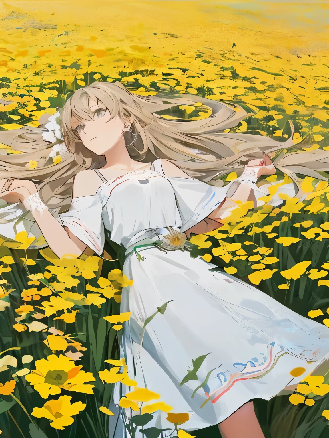 Masterpiece, best quality, a girl with long hair, soft white clothes, alone in a never-ending flower field