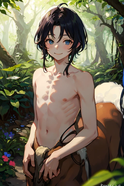 centaur men、delicate、************、、naked、looking straight ahead、The upper body is centered in the photo、smile、forest、perspective close to the face