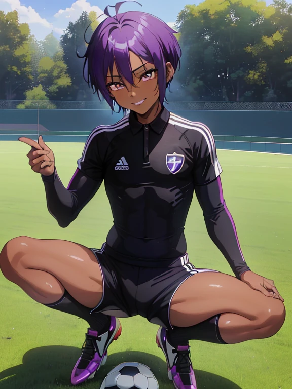 (((official art,Super thin illustration,High resolution, muste piece, best quality,best quality,)))high quality, detailed, (),12 years oace striker male idol with a super cute face,A boy as beautiful as Planding, Cool handsome face with smile, soccer spike, long legs, thighs, Foots, Bulge, (purple hair、short hair、Spiky hairstyle)、shiny hair, (tight shiny colorful soccer uniform suit), (tight and shiny soccer shorts), (Soccer Socks), grassy area, cool pose, (厚いthighs、big ass temptation)、(((soccer field in the park)))、((Saucy、))、grinning grin、,ultra fine painting, (best quality, In 4K, 8K, High resolution, muste piece:1.2),(((Being aware of the sexual gaze of middle-aged gay men)))、Service Shots、(((black skin)))、((detailedな目:1.2))、A boy with sharp eyes、