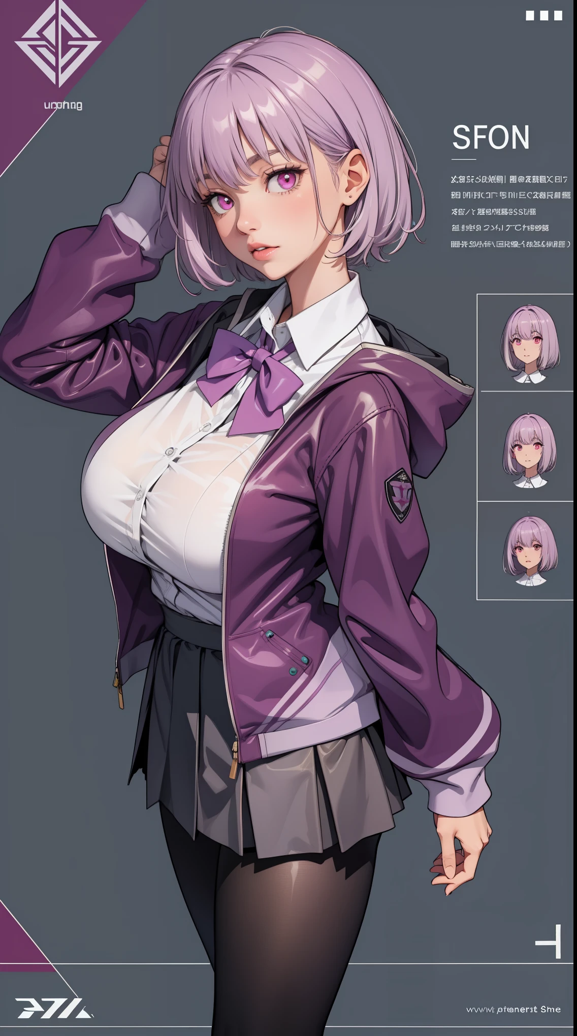 girl, solo, full body, from head to toe, standing, (Huge_Breasts:1.3), short skirt,

Character Design Sheet, character reference sheet, character turn around,

shinjou akane, light purple hair, (pink eyes:1.2), short hair,

black pantyhose, bow, collared shirt, hood, hooded jacket, jacket, open clothes, open jacket, open shirt, pantyhose, purple bow, purple jacket, school uniform, shirt, sleeves past wrists, unbuttoned shirt, white shirt,