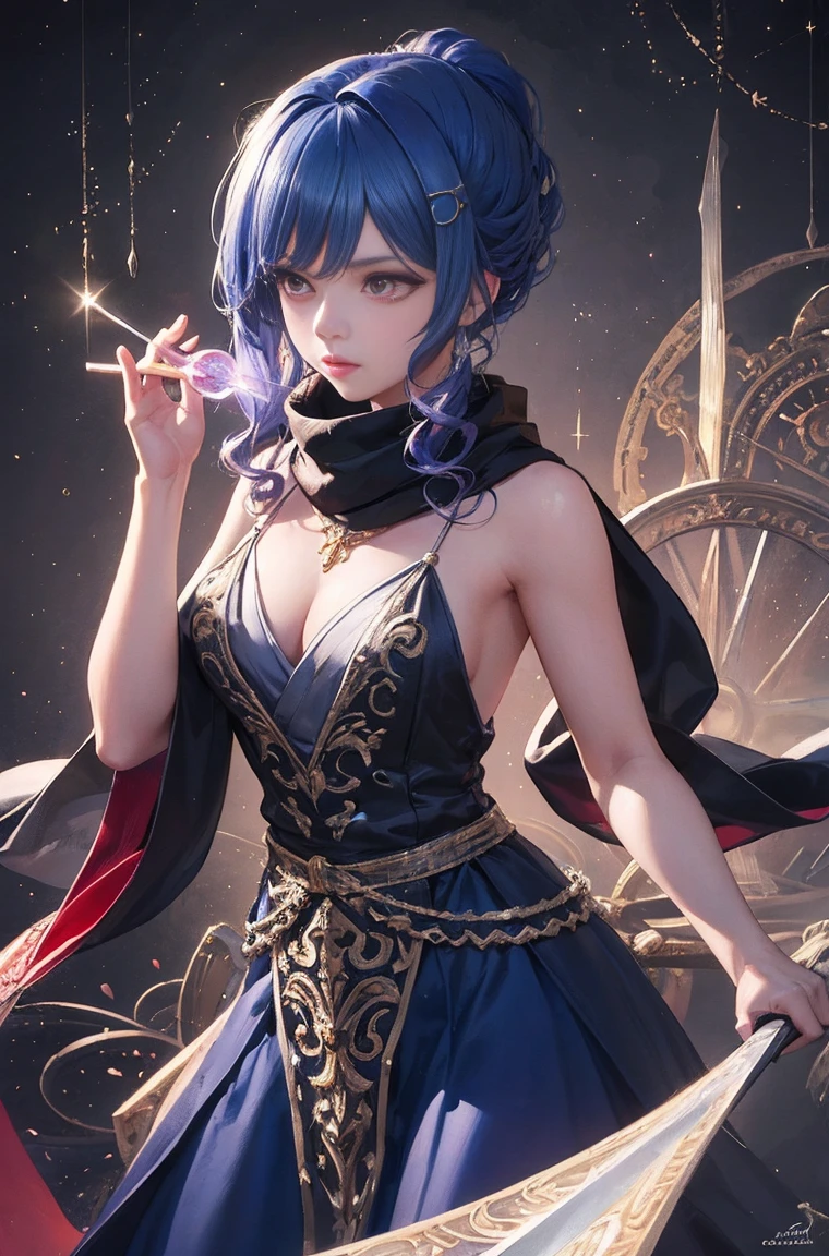 (((masterpiece))), (((highest quality))), ((super detailed)), (Detailed CG illustration), cinematic light, intricate details,
whole body, ,
1 girl, gray hair, ponytail, purple eyes, (ninja), Short sword, medium burrito ,scarf, wallpaper, magic circle background, particles of light, blue fire,