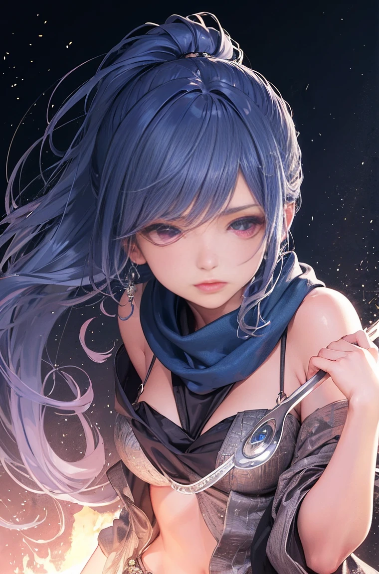 (((masterpiece))), (((highest quality))), ((super detailed)), (Detailed CG illustration), cinematic light, intricate details,
whole body, Little,
1 girl, gray hair, ponytail, purple eyes, (ninja), Short sword, medium burrito ,scarf, wallpaper, magic circle background, particles of light, blue fire,
