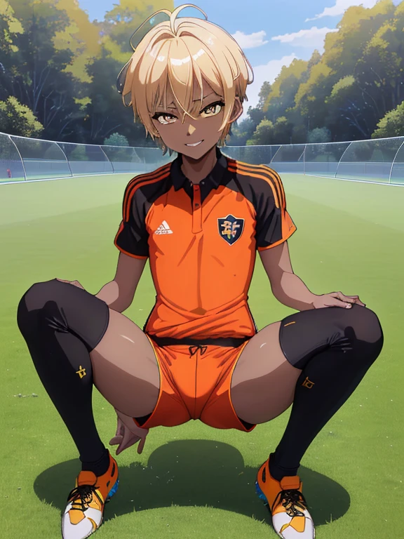 (((official art,Super thin illustration,High resolution, muste piece, best quality,best quality,)))high quality, detailed, (little boy),12 years old, A young ace striker male idol with a super cute face,A boy as beautiful as Planding, Cool handsome face with smile, soccer spike, long legs, thighs, Foots, Bulge, (Blonde hair、short hair、Spiky hairstyle)、shiny hair, (tight shiny orange soccer uniform suit), (tight and shiny soccer shorts), (Soccer Socks), grassy area, cool pose, (厚いthighs、Seduce your big ass to your crotch)、(((soccer field in the park)))、((Saucy、))、grinning grin、spread legs,ultra fine painting, (best quality, In 4K, 8K, High resolution, muste piece:1.2),(((Being aware of the sexual gaze of middle-aged gay men)))、Service Shots、(((black skin)))、((detailedな目:1.2))、cute eyes、