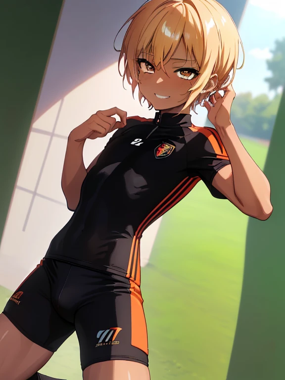 (((official art,Super thin illustration,High resolution, muste piece, best quality,best quality,)))high quality, detailed, ( boy),12 yeaung ace striker male idol with a super cute face,A boy as beautiful as Planding, Cool handsome face with smile, soccer spike, long legs, thighs, Foots, Bulge, (Blonde hair、short hair、Spiky hairstyle)、shiny hair, (tight shiny orange soccer uniform suit), (tight and shiny soccer shorts), (Soccer Socks), grassy area, cool pose, (厚いthighs、Seduce your big ass to your crotch)、(((soccer field in the park)))、((Saucy、))、grinning grin、spread legs,ultra fine painting, (best quality, In 4K, 8K, High resolution, muste piece:1.2),(((Being aware of the sexual gaze of middle-aged gay men)))、Service Shots、(((black skin)))、((detailedな目:1.2))、cute eyes、