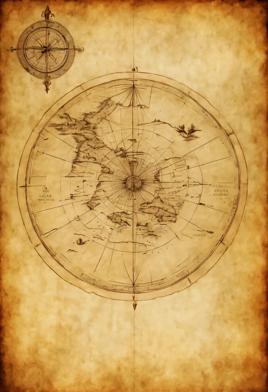 graphite drawing of an ancient map on old parchment, Leonardo da Vinci style, Old map