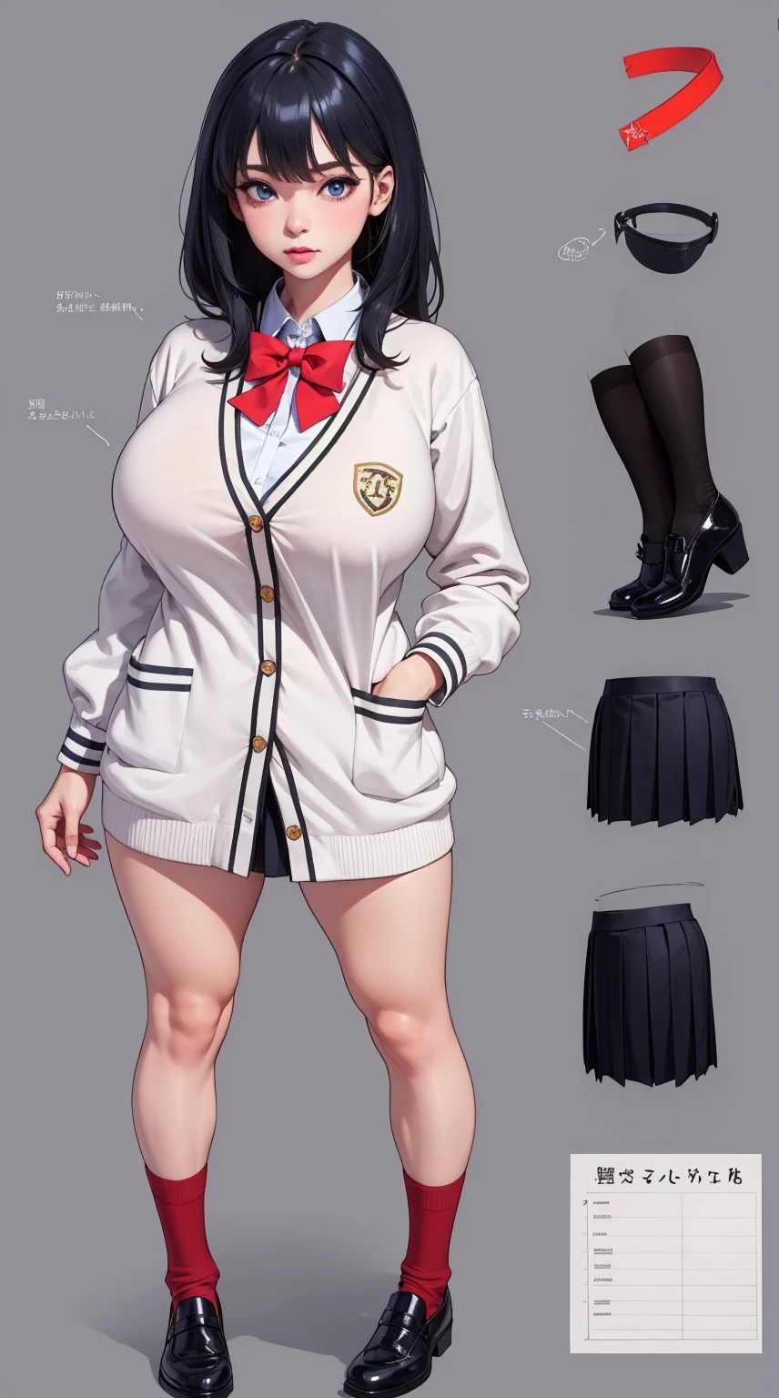 girl, solo, full body, from head to toe, standing, (Huge_Breasts:1.3), short skirt,
Character Design Sheet, character reference sheet, character turn around,
rikka takarada, black hair, blue eyes, long hair, orange scrunchie, scrunchie, wrist scrunchie,
black footwear, black skirt, bow, bowtie, buttons, cardigan, collared shirt, long sleeves, microskirt, pleated skirt, red bow, red bowtie, red socks, school uniform, shirt, shoes, skirt, socks, thighs, white cardigan, white shirt,