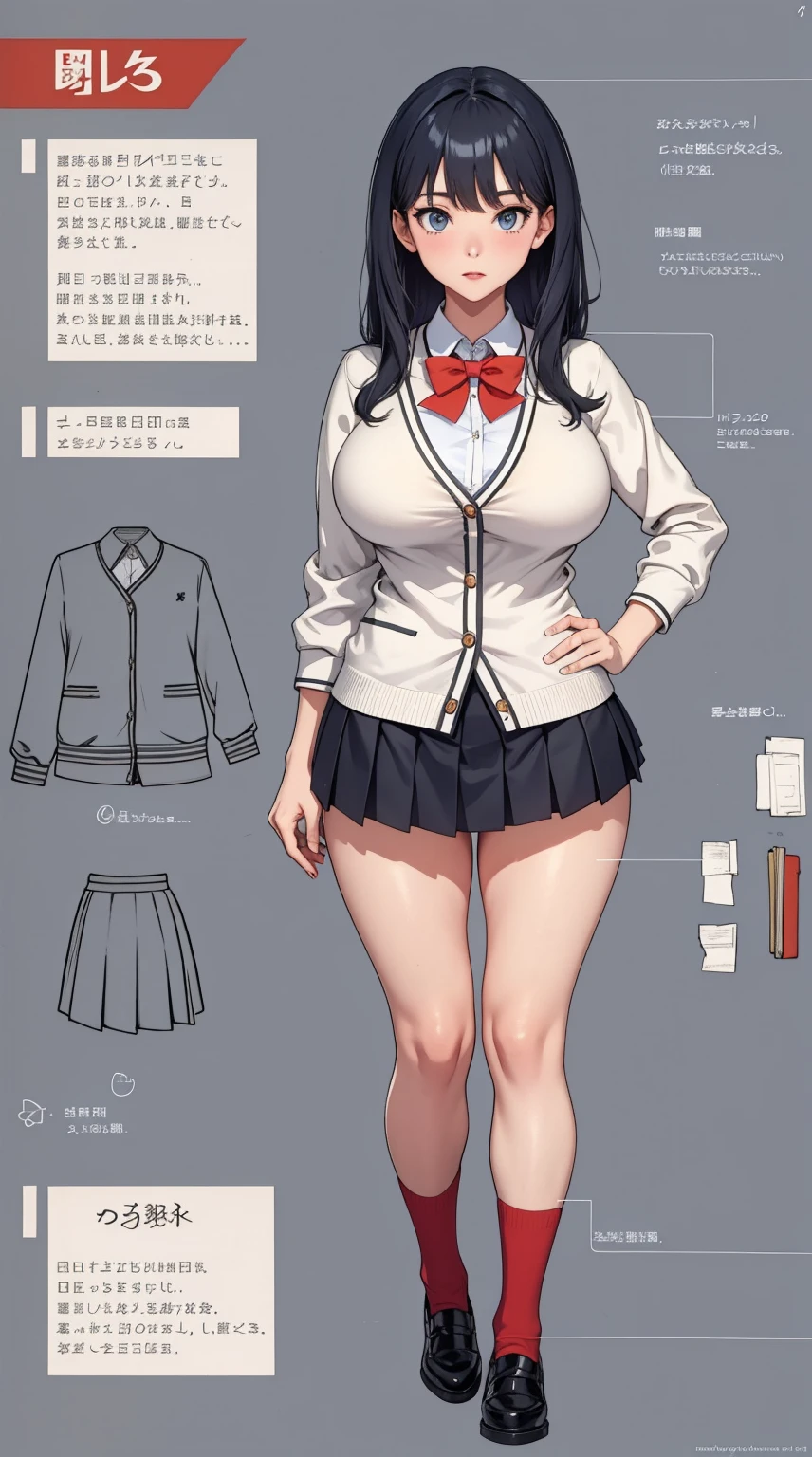 girl, solo, full body, from head to toe, standing, (Huge_Breasts:1.3), short skirt,

Character Design Sheet, character reference sheet, character turn around,

rikka takarada, black hair, blue eyes, long hair, orange scrunchie, scrunchie, wrist scrunchie,

black footwear, black skirt, bow, bowtie, buttons, cardigan, collared shirt, long sleeves, microskirt, pleated skirt, red bow, red bowtie, red socks, school uniform, shirt, shoes, skirt, socks, thighs, white cardigan, white shirt,