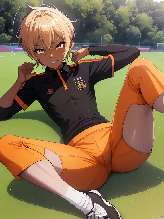 (((official art,Super thin illustration,High resolution, muste piece, best quality,best quality,)))high quality, detailed, (little boy),12 years old, A young ace striker male idol with a super cute face,A boy as beautiful as Planding, Cool handsome face with smile, soccer spike, long legs, thighs, Foots, Bulge, (Blonde hair、short hair、Spiky hairstyle)、shiny hair, (tight shiny orange soccer uniform suit), (tight and shiny soccer shorts), (Soccer Socks), grassy area, cool pose, (厚いthighs、Seduce your big ass to your crotch)、(((soccer field in the park)))、((Saucy、))、grinning grin、spread legs,ultra fine painting, (best quality, In 4K, 8K, High resolution, muste piece:1.2),(((Being aware of the sexual gaze of middle-aged gay men)))、Service Shots、(((black skin)))、((detailedな目:1.2))、cute eyes、