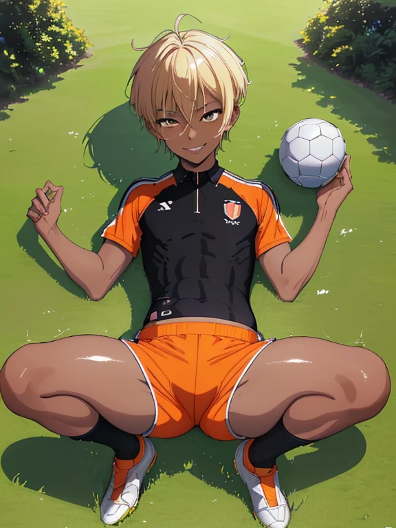 (((official art,Super thin illustration,High resolution, muste piece, best quality,best quality,)))high quality, detailed, (****** boy),************, A young ace striker male idol with a super cute face,A boy as beautiful as Planding, Cool handsome face with smile, soccer spike, long legs, thighs, Foots, Bulge, (Blonde hair、short hair、Spiky hairstyle)、shiny hair, (tight shiny orange soccer uniform suit), (tight and shiny soccer shorts), (Soccer Socks), grassy area, cool pose, (厚いthighs、Seduce your big ass to your crotch)、(((soccer field in the park)))、((Saucy、))、grinning grin、spread legs,ultra fine painting, (best quality, In 4K, 8K, High resolution, muste piece:1.2),(((Being aware of the sexual gaze of middle-aged gay men)))、Service Shots、(((black skin)))、((detailedな目:1.2))、cute eyes、