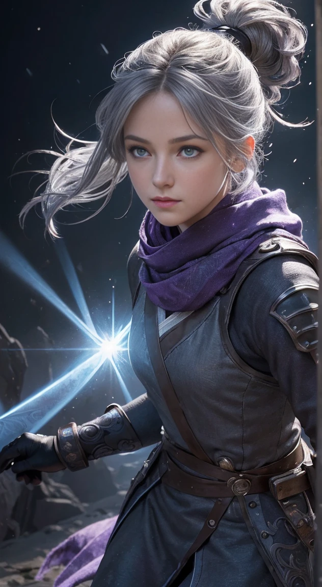 (((masterpiece))), (((highest quality))), ((super detailed)), (Detailed CG illustration), cinematic light, intricate details,
whole body, Little,
1 girl, gray hair, ponytail, purple eyes, (ninja), Short sword, medium burrito ,scarf, wallpaper, magic circle background, particles of light, blue fire,