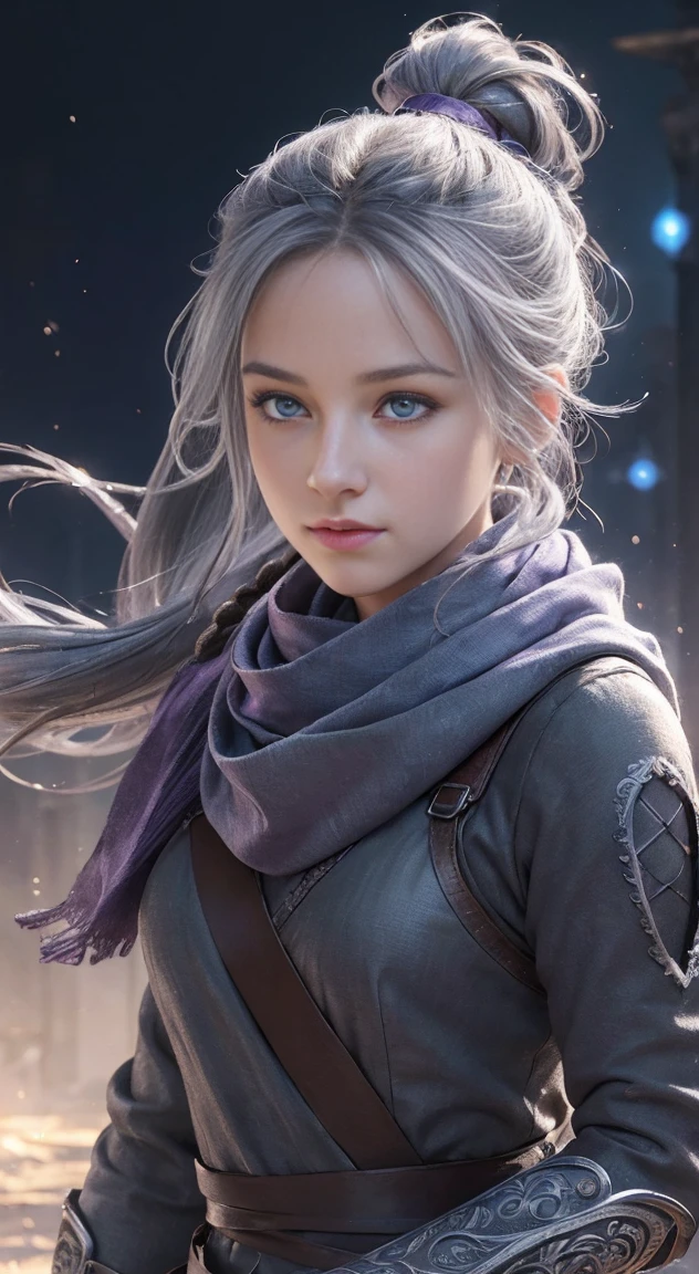 (((masterpiece))), (((highest quality))), ((super detailed)), (Detailed CG illustration), cinematic light, intricate details,
whole body, ,
1 girl, gray hair, ponytail, purple eyes, (ninja), Short sword, medium burrito ,scarf, wallpaper, magic circle background, particles of light, blue fire,