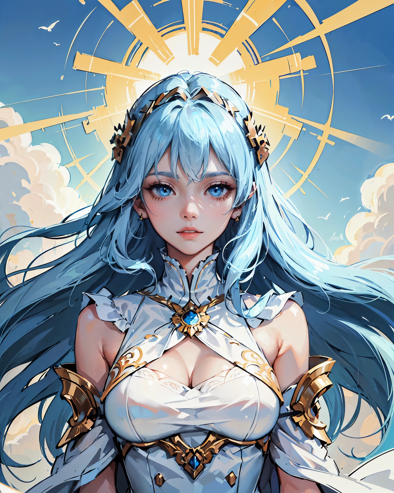 (masterpiece, best quality), solo, goddess, long light blue hair flowing in the wind, light blue eyes, elegant, sexy white goddess dress, golden accessories, sky, clouds, sunrays, intricate details, upper body