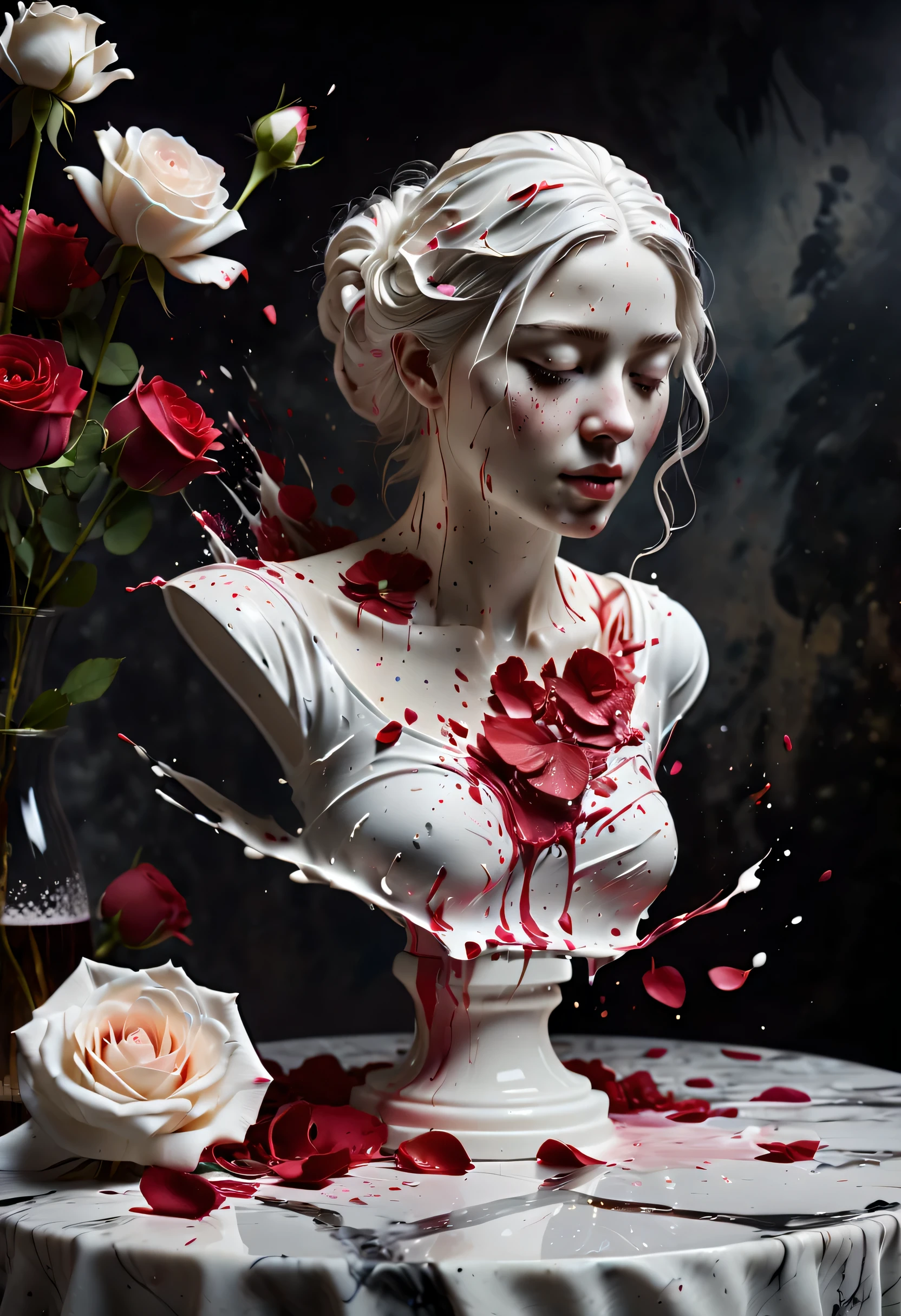 (best picture quality,4K,8k,HD,masterpiece:1.2),Super detailed,(lifelike,lifelike,lifelike:1.37)。paint splattered (3D portrait sculpture,Pure white sculpture,marble sculpture,close eyes),(Still life table setting,Dark background cloth,Rose petals scattered on the countertop)