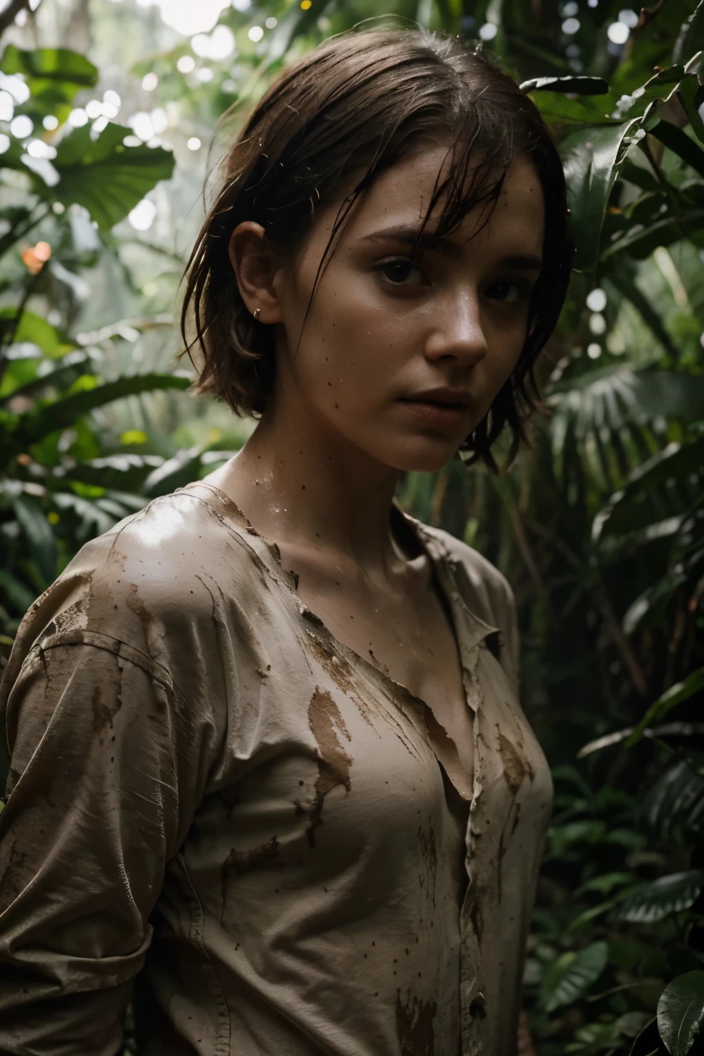 hot cleverage serious Sophia lillis in background of fantastic jungle and muddy ground, clear white skin, wet and muddy, scratches everywhere, face dirty photography, natural light, photorealism, cinematic rendering, ray tracing, the highest quality, the highest detail, Cinematic, Third-Person View, Blur Effect, Long Exposure, 8K, Ultra-HD, Natural Lighting, Moody Lighting, Cinematic Lighting