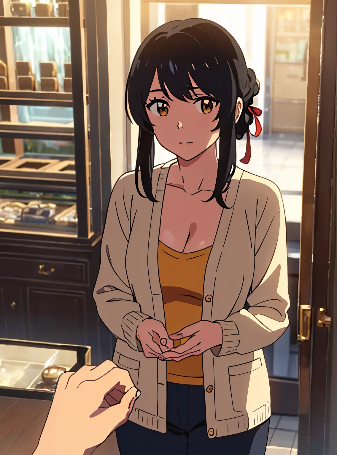 shinkai makoto, kimi no na wa., 1girl, bangs, black hair, brown eyes, waterfall braid, red ribbon, long hair, long sleeve light yellow cardigan, open shirt, yellow shirt, cleavage, breast, medium breast, Orange shirt, name tag written "LUMINE Miyamizu", looking at the viewer, indoors, jewelry products, jewelry shop, jewelry saleswoman, indoors, mall, masterpiece, perfect anatomy, cowboyshot, POV (POV boy's hands holding girl's hands POV)