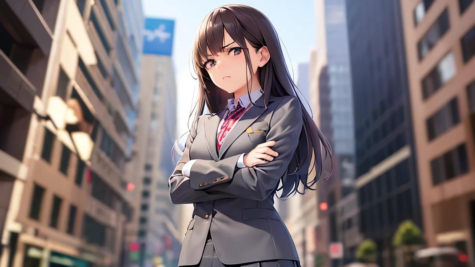 crossed arms, dutch angle, Realistic, real person, RAW photo, photorealistic, portrait photography, shiny skin, japanese idol、A 25-year-old woman with medium-long hair with bright chestnut bangs.、(wearing a gray suit:1.5)、wearing a gray skirt、(disappointed:1.5), Alone、The background is an office district