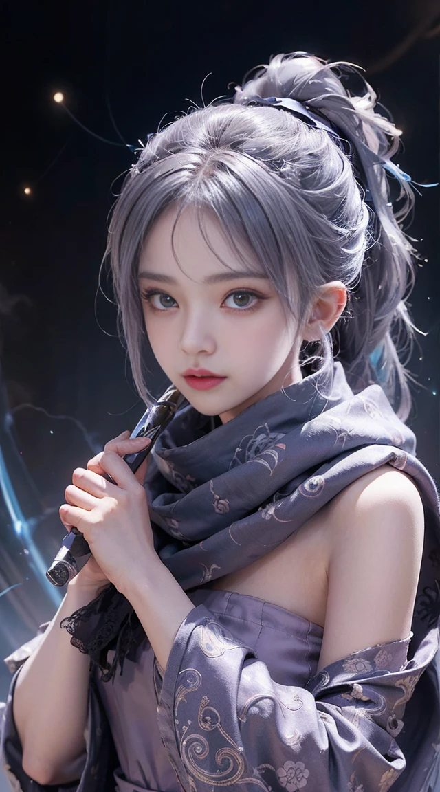 (((masterpiece))), (((highest quality))), ((super detailed)), (Detailed CG illustration), cinematic light, intricate details,
whole body, Little,
1 girl, gray hair, ponytail, purple eyes, (ninja), Short sword, medium burrito ,scarf, wallpaper, magic circle background, particles of light, blue fire,