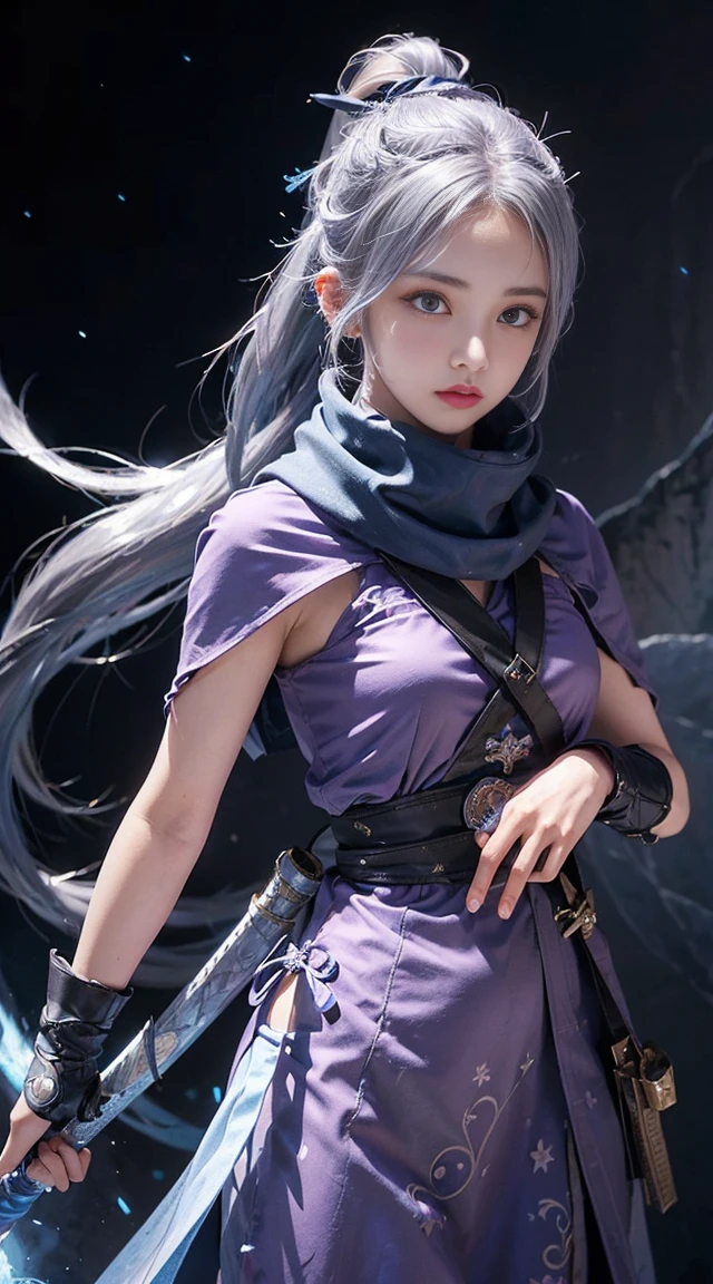 (((masterpiece))), (((highest quality))), ((super detailed)), (Detailed CG illustration), cinematic light, intricate details,
whole body, Little,
1 girl, gray hair, ponytail, purple eyes, (ninja), Short sword, medium burrito ,scarf, wallpaper, magic circle background, particles of light, blue fire,