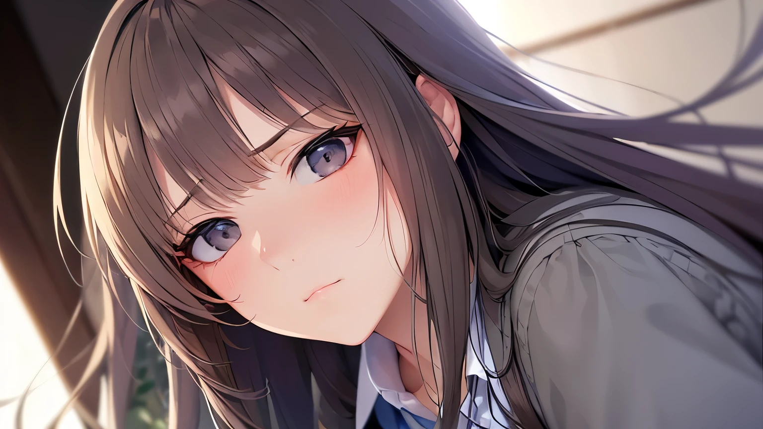 crossed arms, dutch angle, Realistic, real person, RAW photo, photorealistic, portrait photography, shiny skin, japanese idol、A 25-year-old woman with medium-long hair with bright chestnut bangs.、(wearing a gray suit:1.5)、wearing a gray skirt、(disappointed:1.5), Alone、The background is an office district