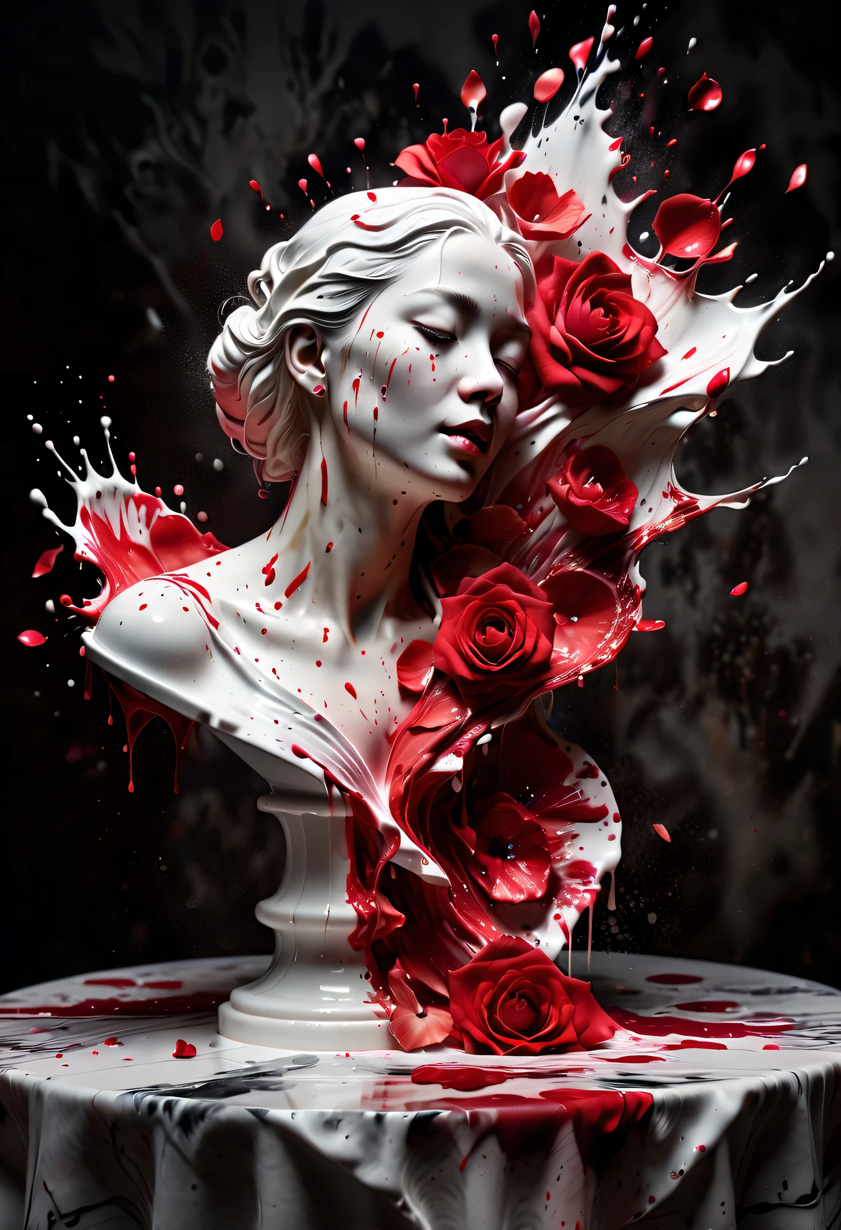 (best picture quality，4K,8k，HD，masterpiece:1.2)，Super detailed，(lifelike，lifelike，lifelike:1.37)。splash ink，paint splattered （3D portrait sculpture，Pure white sculpture，marble sculpture，red tears，close eyes，Looked up），（Still life table setting，Dark background cloth，Rose petals scattered on the countertop），confusion