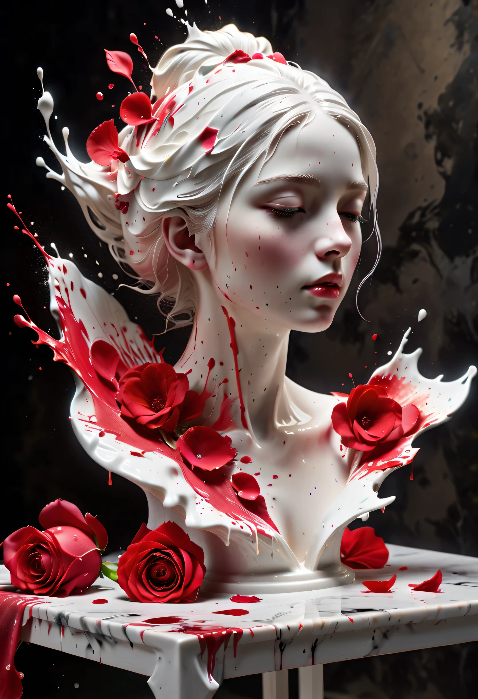 (best picture quality，4K,8k，HD，masterpiece:1.2)，Super detailed，(lifelike，lifelike，lifelike:1.37)。splash ink，paint splattered （3D portrait sculpture，Pure white sculpture，marble sculpture，red tears，close eyes，Looked up），（Still life table setting，Dark background cloth，Rose petals scattered on the countertop），confusion