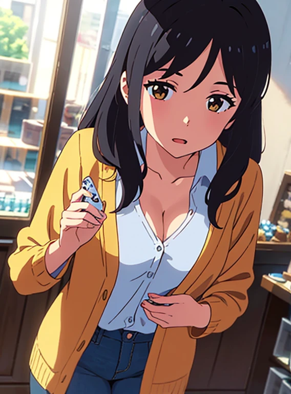 shinkai makoto, kimi no na wa., 1girl, bangs, black hair, brown eyes, open mouth, waterfall braid, red ribbon, long hair, long sleeve light yellow cardigan, open shirt, white shirt, cleavage, breast, medium breast, blue pants, name tag written "LUMINE Miyamizu", looking at the viewer, holding a phone, indoors, jewelry products, jewelry shop, jewelry saleswoman, indoors, mall, masterpiece, perfect anatomy, cowboyshot, POV (POV holding shoulders for the viewerPOV)