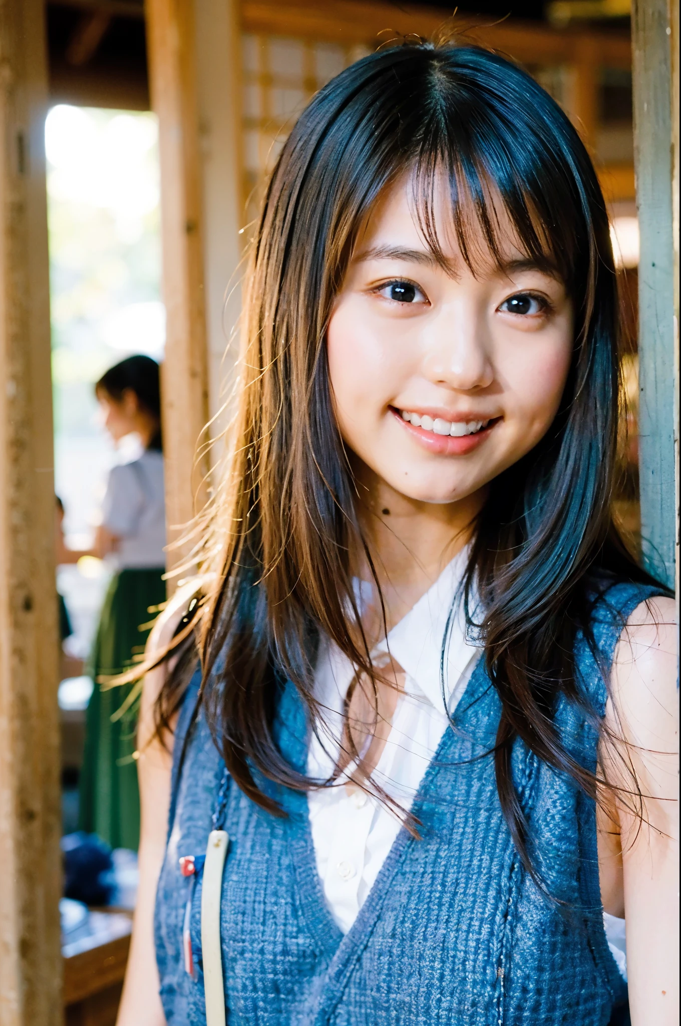 1girl with (Super beautiful) (giddy smile:1.3), Shiny Hair, Upper Body Shot, shining under Natural Light, dressed in a cute Japanese school uniform. (At SFW:1.1)