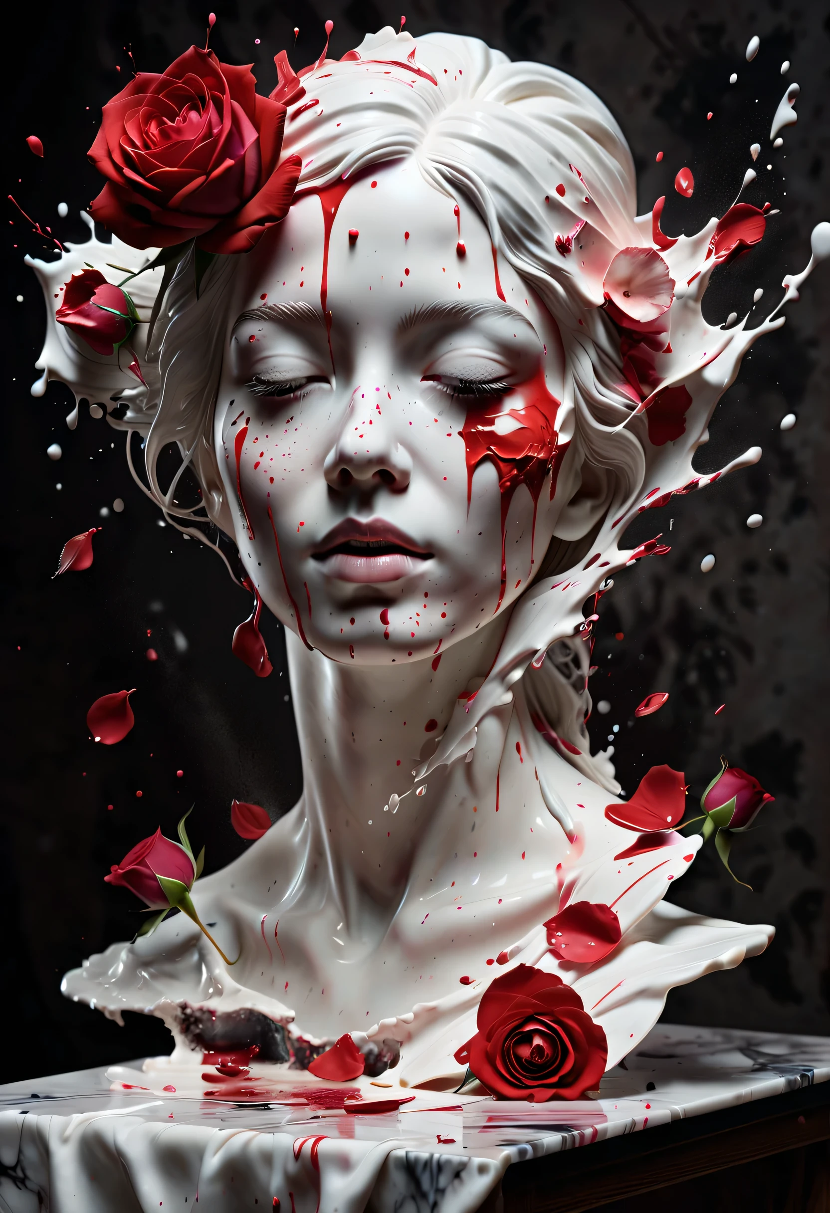 (best picture quality，4K,8k，HD，masterpiece:1.2)，Super detailed，(lifelike，lifelike，lifelike:1.37)。splash ink，paint splattered （3D portrait sculpture，Pure white sculpture，marble sculpture，shattered，red tears，close eyes，Looked up），（Still life table setting，Dark background cloth，Rose petals scattered on the countertop），confusion