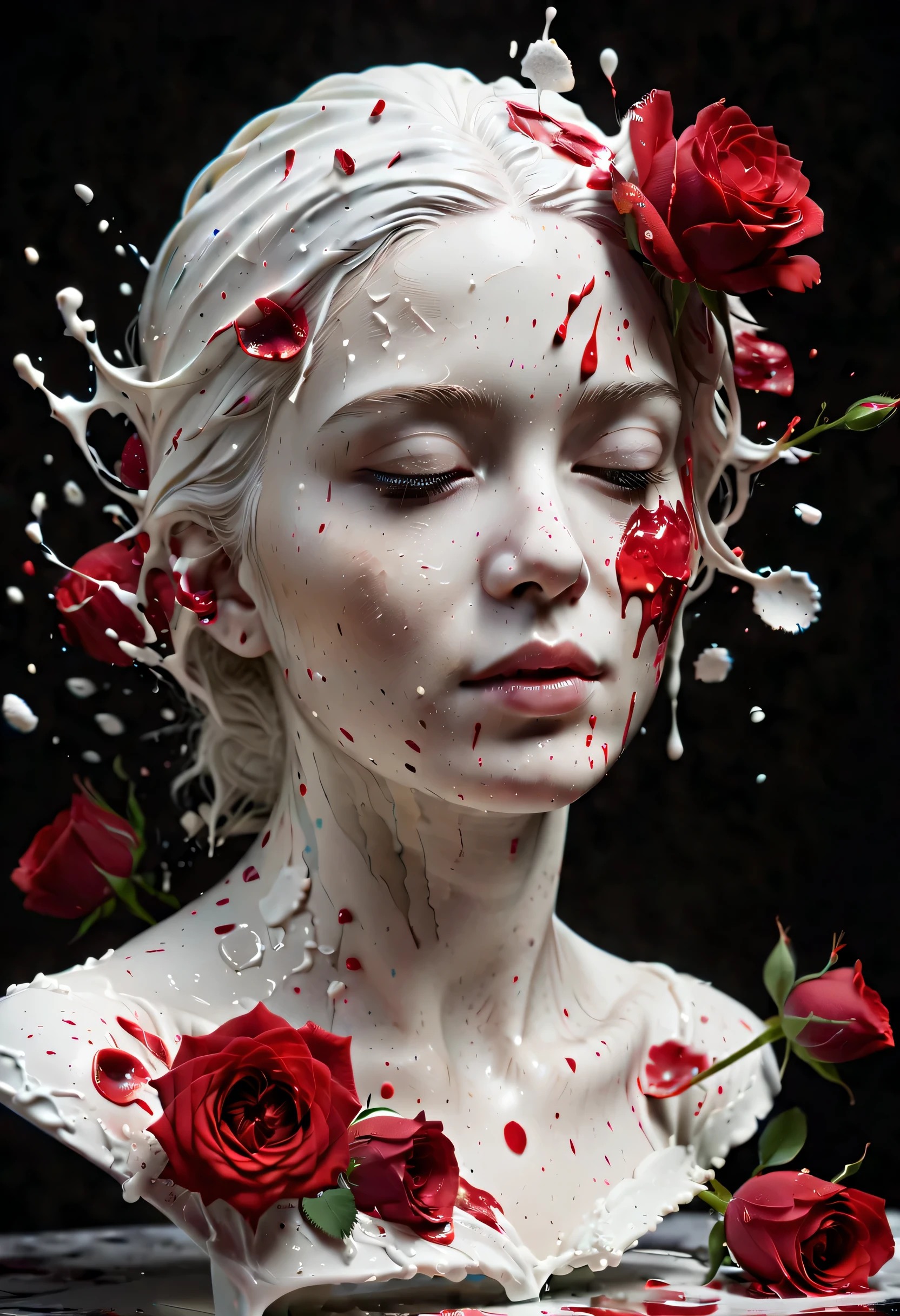 (best picture quality，4K,8k，HD，masterpiece:1.2)，Super detailed，(lifelike，lifelike，lifelike:1.37)。splash ink，paint splattered （3D portrait sculpture，Pure white sculpture，marble sculpture，shattered，red tears，close eyes，Looked up），（Still life table setting，Dark background cloth，Rose petals scattered on the countertop），confusion