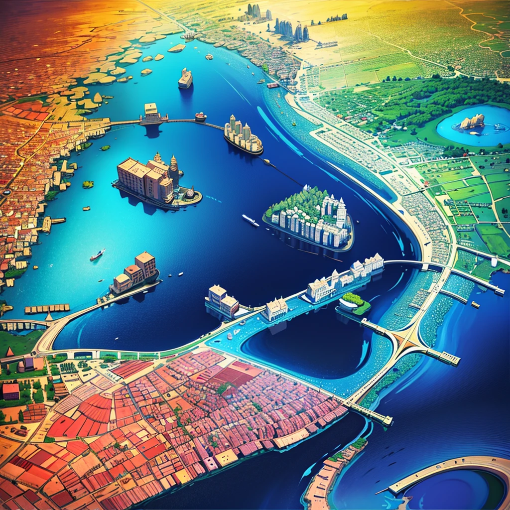 a detailed, high-resolution map, vibrant colors, precise topography, labels in readable font, realistic textures, professional cartography, clear legends, accurate scale and compass, detailed city landmarks and buildings, shaded relief, accurate road networks, essential points of interest, memorable visual design, artistic map style, rich color palette, perfect blend of art and information