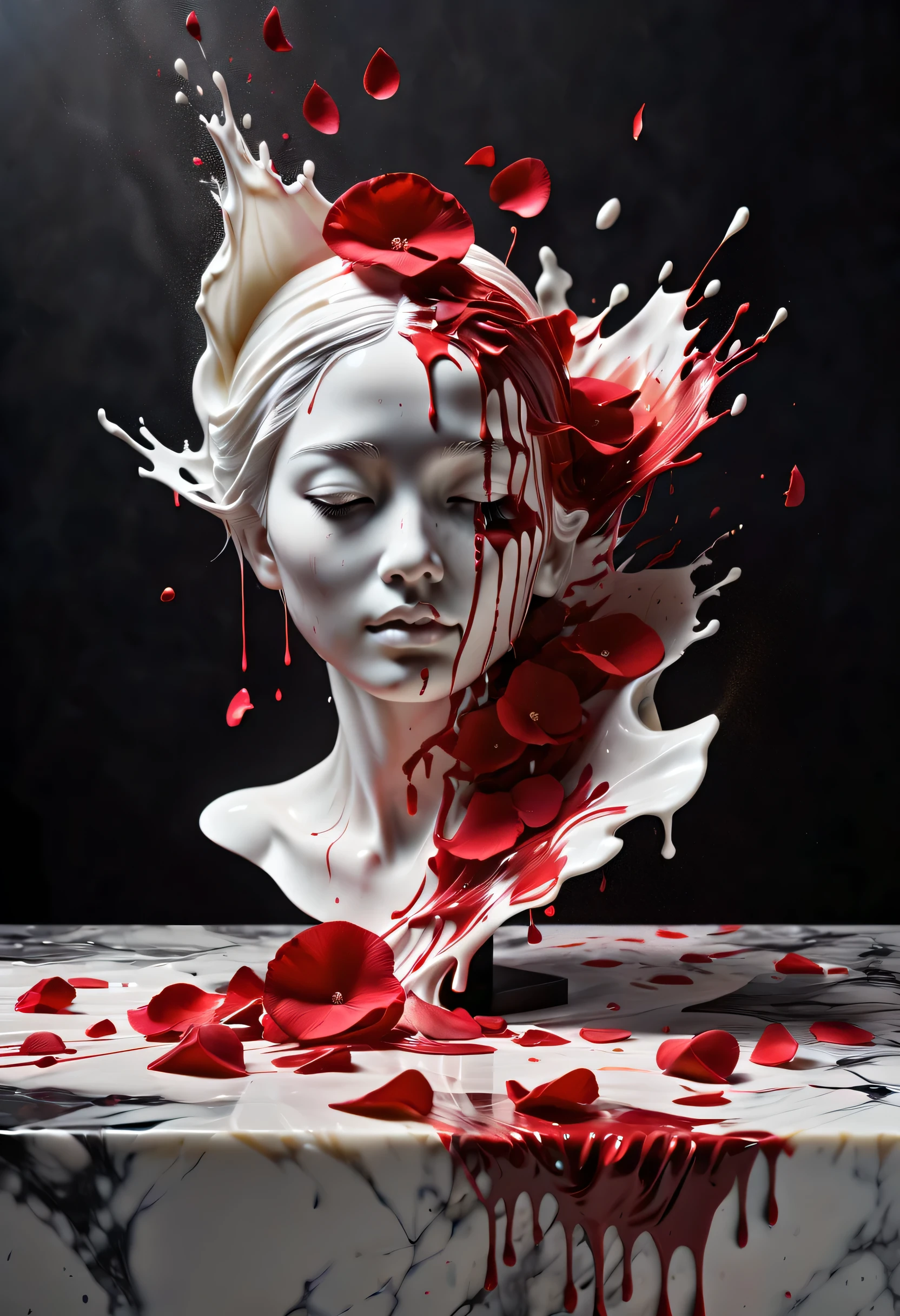 (best picture quality，4K,8k，HD，masterpiece:1.2)，Super detailed，(lifelike，lifelike，lifelike:1.37)。splash ink，dripping paint，paint splattered （3D portrait sculpture，Pure white sculpture，marble sculpture，shattered，red tears，close eyes，Looked up），（Still life table setting，Dark background cloth，Rose petals scattered on the countertop），confusion