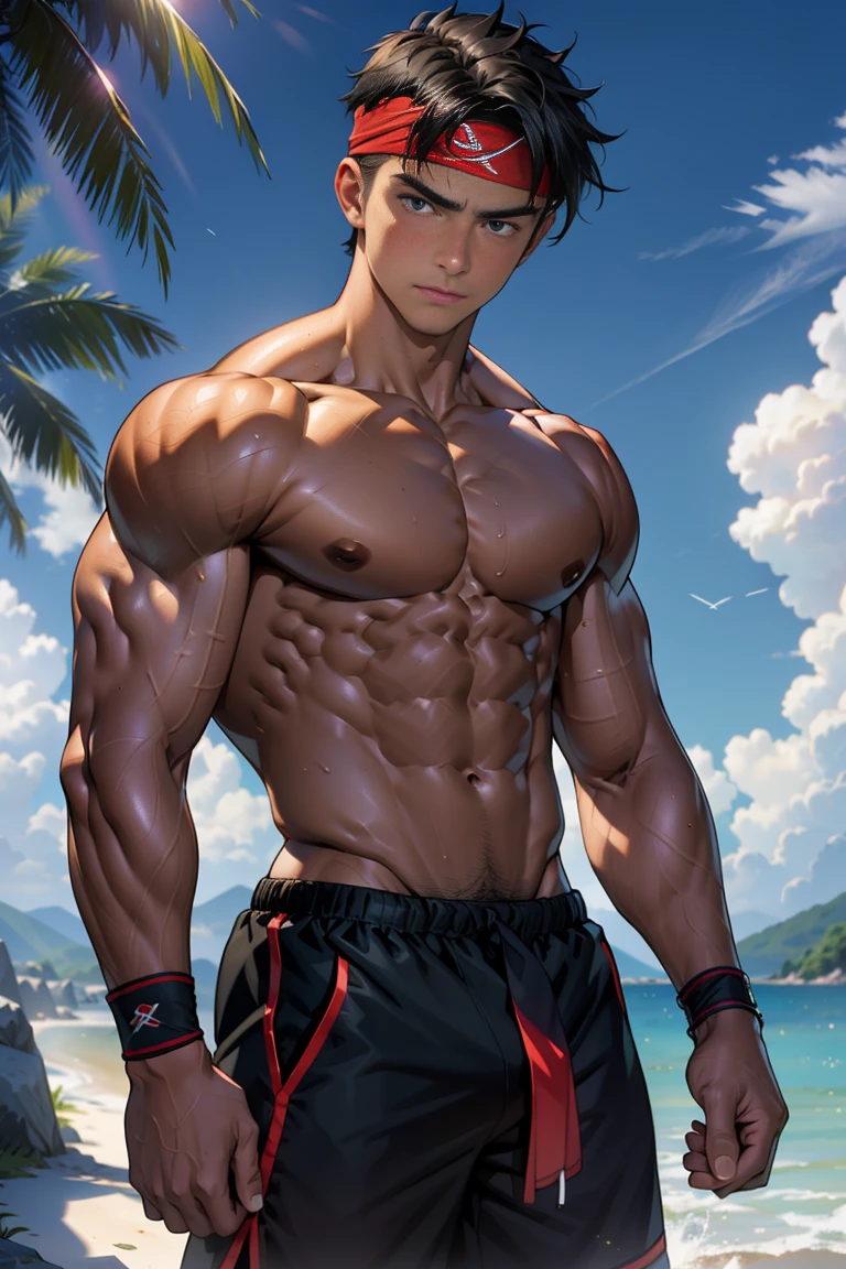 (Masterpiece, Best quality, 18 year old boy, 8k, ultra-detailed), (underneath, looking away, upper body, soulful eyes, thin lips), 1 boy, solo, Young, (teenager), (Dark Short straight hair, under cut), black eyes, full bodyesbian, (Shirtless), topless, Green headband, sandals, (Black shorts with loincloth), (Depth of field:1.2), (Abs), black wristband, (topless male), serious, closed mouth, man with martial arts stance, athretic body, powerful pose