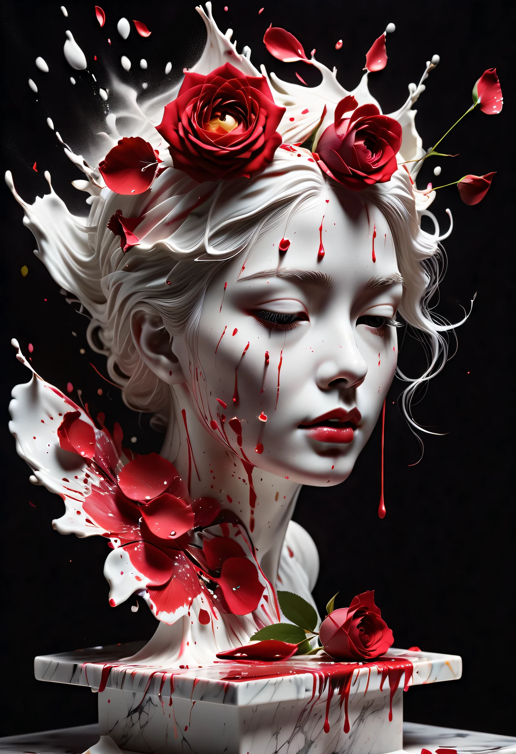 (best picture quality，4K,8k，HD，masterpiece:1.2)，Super detailed，(lifelike，lifelike，lifelike:1.37)。splash ink，paint splattered （3D portrait sculpture，Pure white sculpture，marble sculpture，shattered，red tears，close eyes，Looked up），（Still life table setting，Dark background cloth，Rose petals scattered on the countertop），confusion