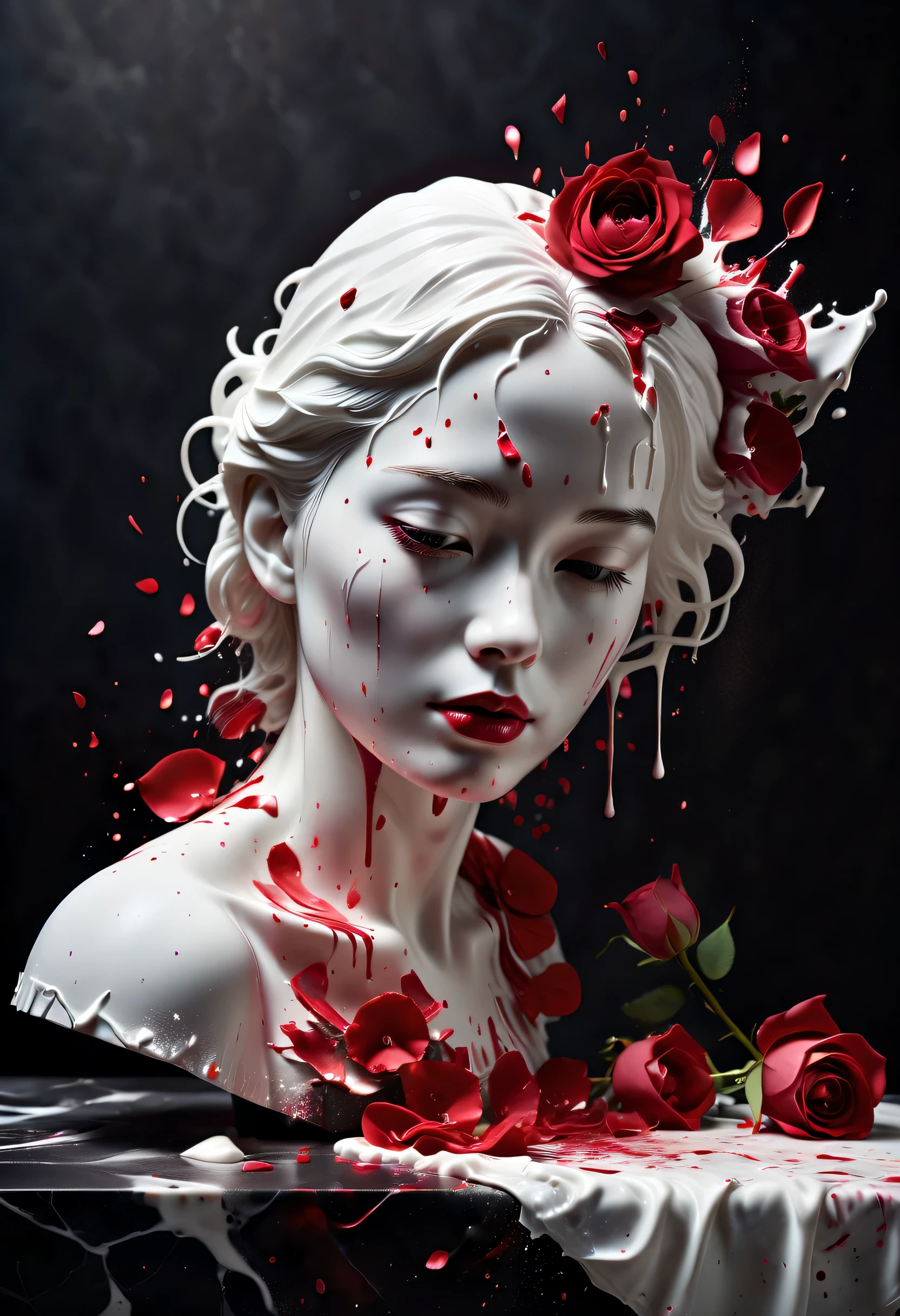 (best picture quality，4K,8k，HD，masterpiece:1.2)，Super detailed，(lifelike，lifelike，lifelike:1.37)。splash ink，paint splattered （3D portrait sculpture，Pure white sculpture，marble sculpture，shattered，red tears，close eyes，Looked up），（Still life table setting，Dark background cloth，Rose petals scattered on the countertop），confusion