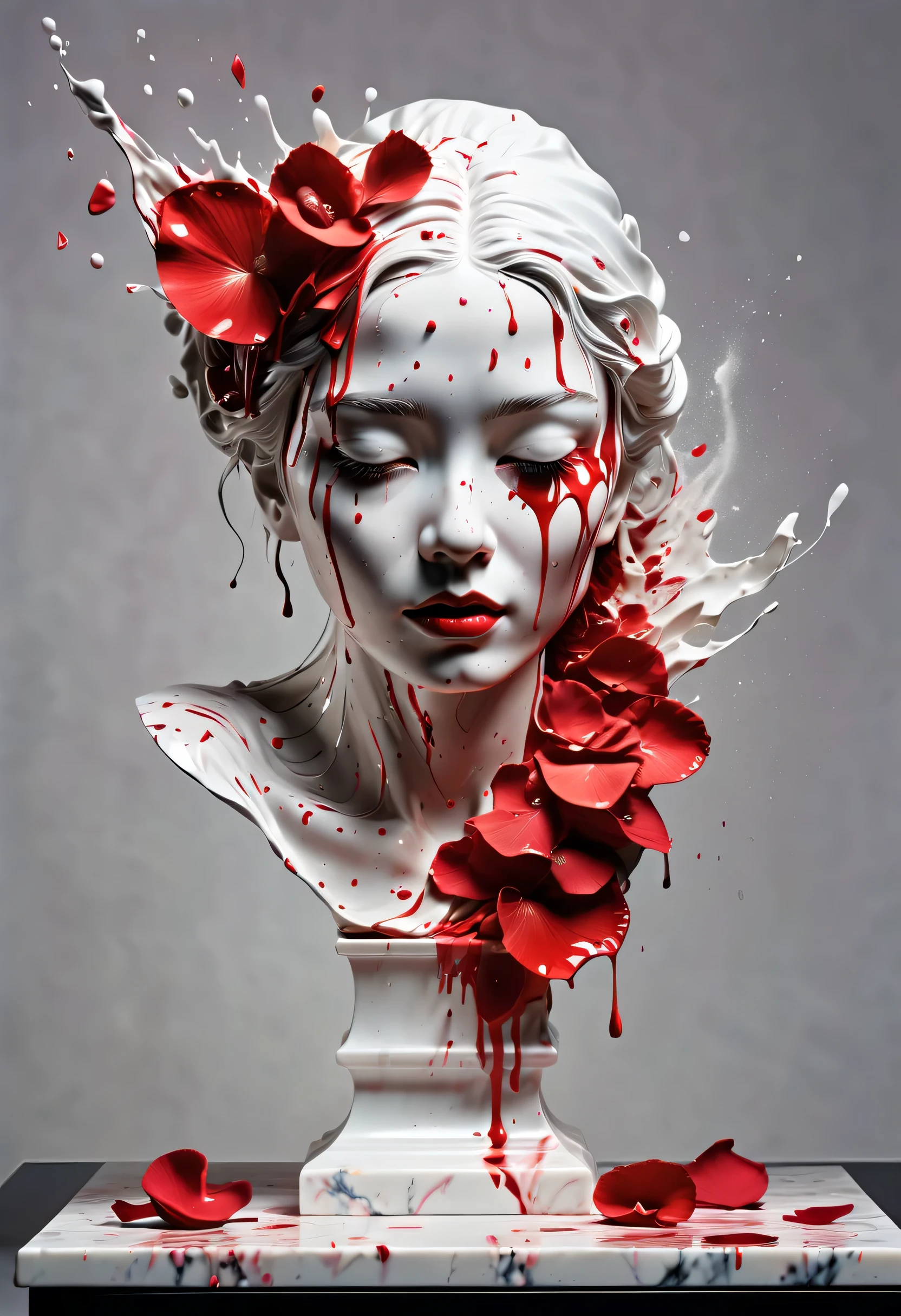 (best picture quality，4K,8k，HD，masterpiece:1.2)，Super detailed，(lifelike，lifelike，lifelike:1.37)。splash ink，paint splattered （3D portrait sculpture，Pure white sculpture，marble sculpture，shattered，red tears，close eyes，Looked up，with no mouth），（Still life table setting，Dark background cloth，Rose petals scattered on the countertop），confusion