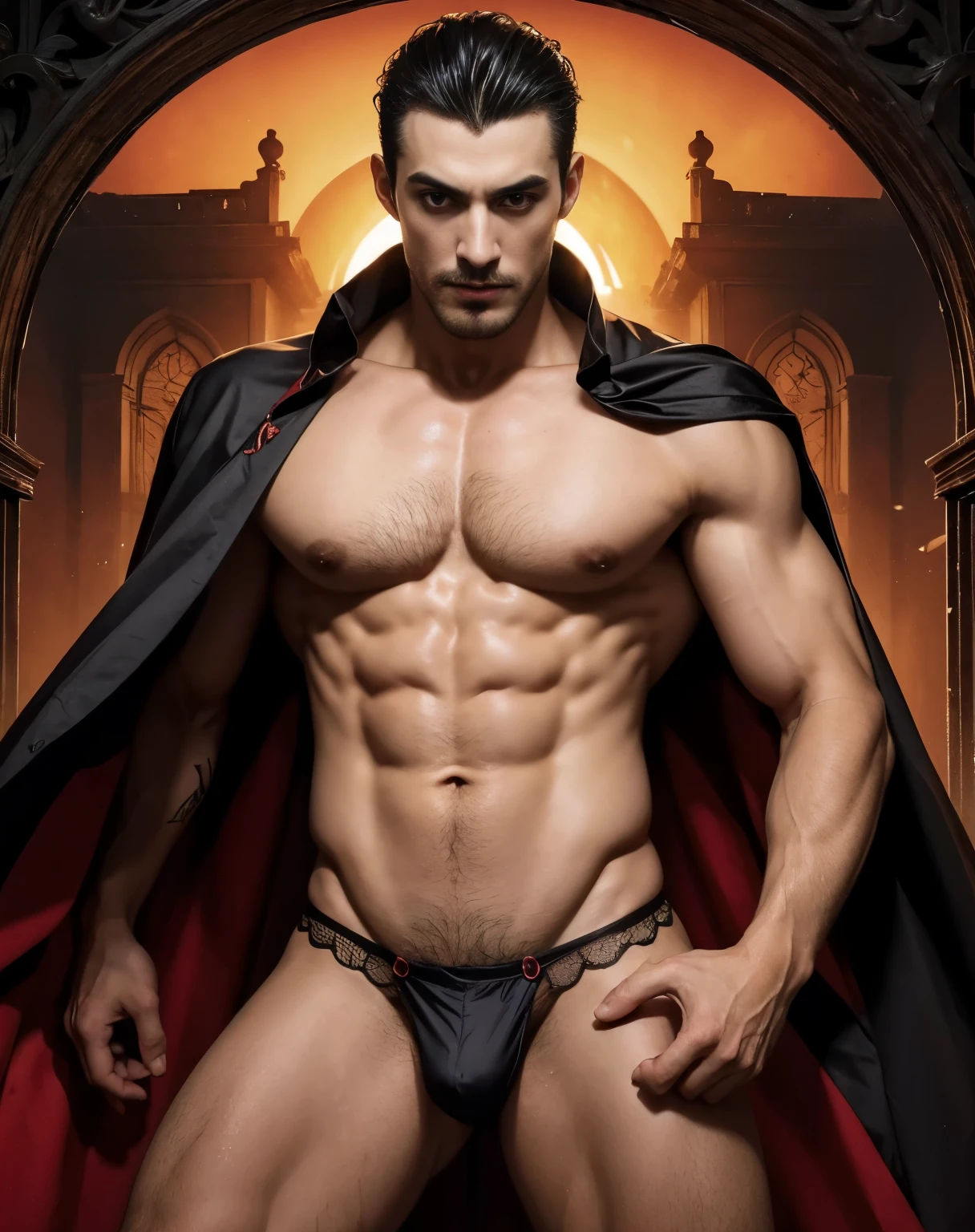 personagem masculino, Homem, dracula, vampiro, Olhos vermelhos, corpo magro e sarado, Calistênic body, sexy, anime 8k, bonito na arte demon slayer, coberto por uma capa, Nu sob o manto, pentelhos grandes e macios, muitos pentelhos, NFSW, sem censura, coxas malhadas, lingerie por debaixo da capa, Harem of men in the background