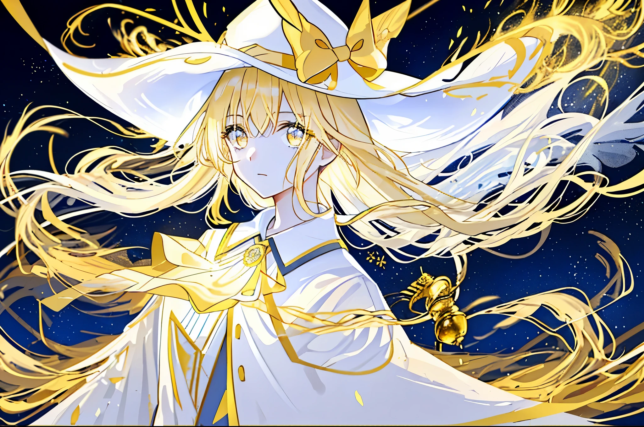 girl，hair，金色hair，golden eyes，White wide-brimmed hat，canary，white navy clothing，senior commander，golden bow，Golden whistle hanging around the neck，，starry sky，epic，，sense of the future，glowing eyes，glowing eyes