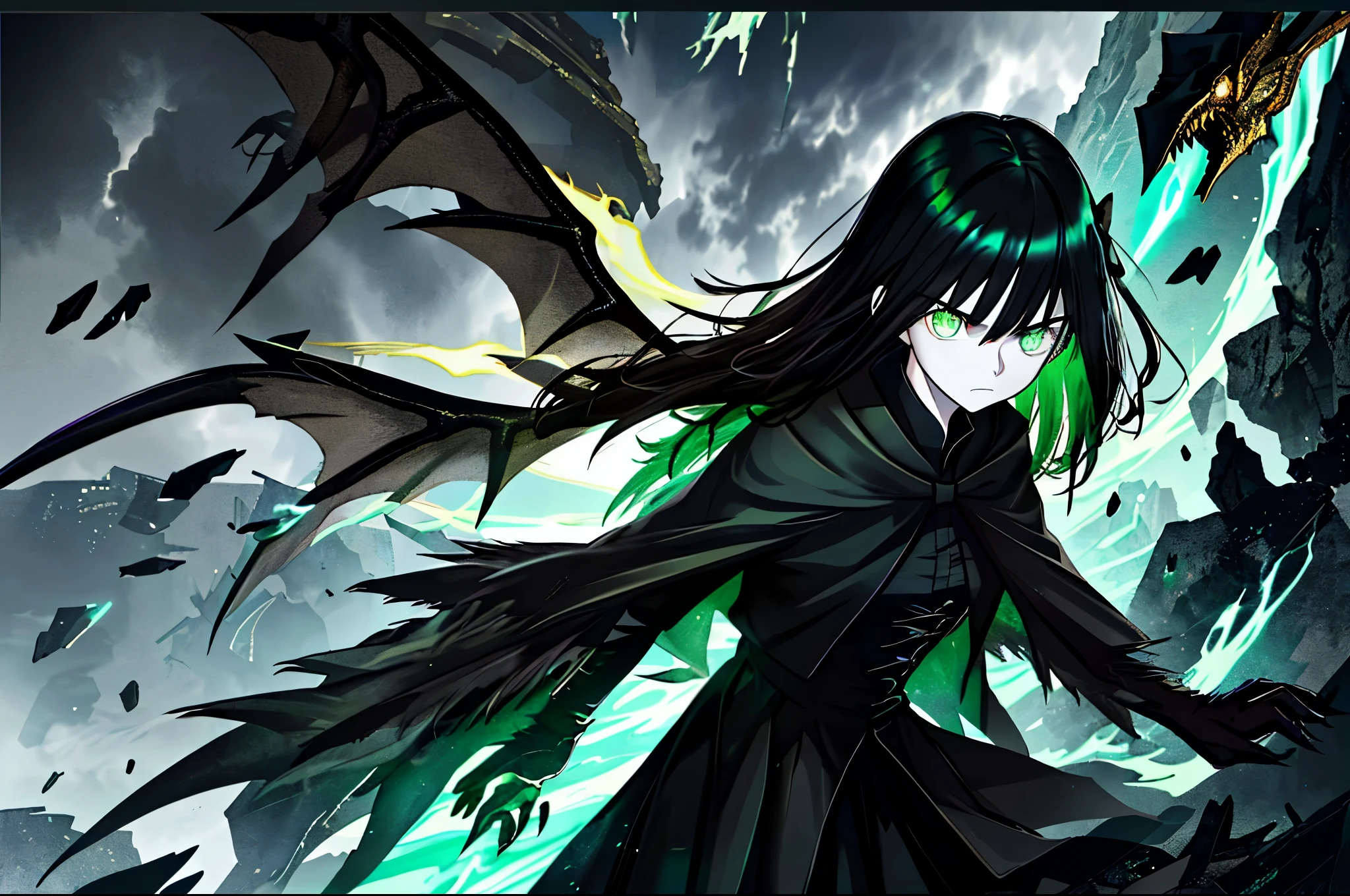 girl,long black hair,green eyes,dragon wings,Black claws,Black bow,The sky is full of arrows,,black cloak,Black dragon,Aeolian pterosaur,girl,despair,World of the Dead,poster,epic,glowing eyes,glowing eyes,angry