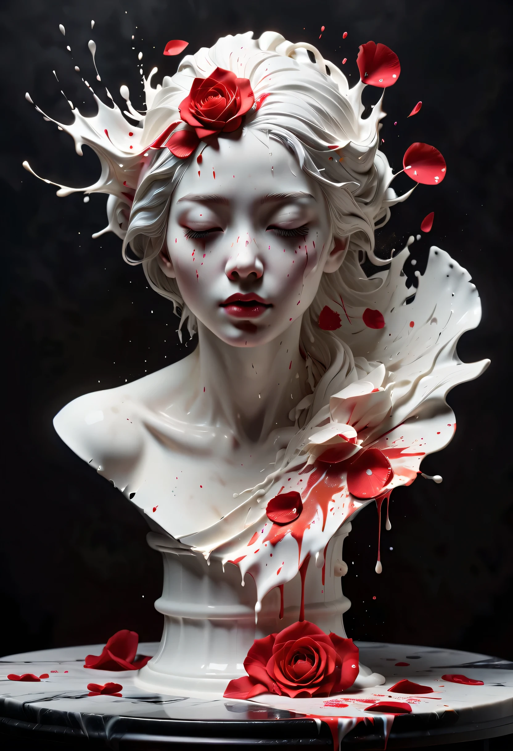 (best picture quality，4K,8k，HD，masterpiece:1.2)，Super detailed，(lifelike，lifelike，lifelike:1.37)。splash ink，paint splattered （3D portrait sculpture，Pure white sculpture，marble sculpture，shattered，red tears，close eyes，Looked up，with no mouth），（Still life table setting，Dark background cloth，Rose petals scattered on the countertop），confusion